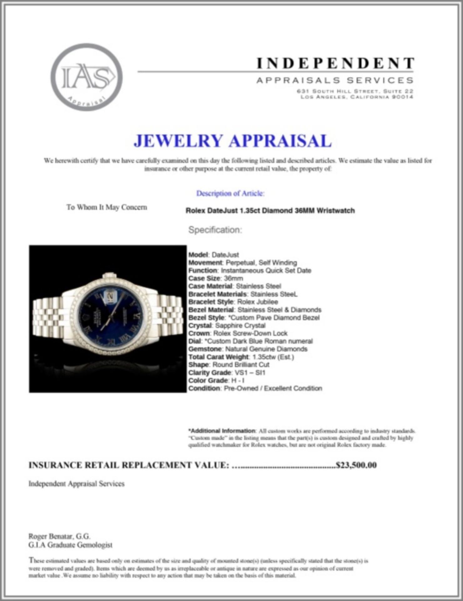 Rolex DateJust 1.35ct Diamond 36MM Wristwatch - Image 4 of 4