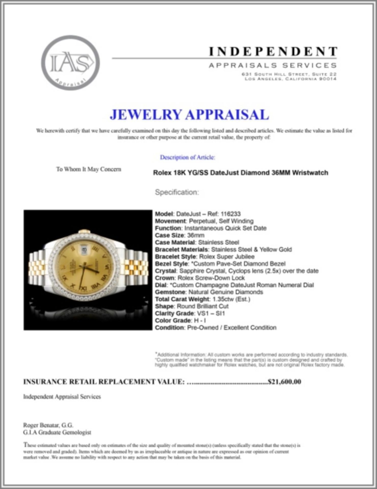 Rolex DateJust 116233 18K YG/SS Diamond 36MM Watch - Image 7 of 7