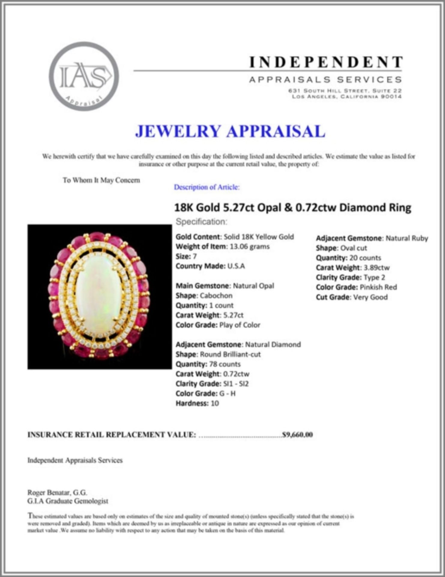 18K Gold 5.27ct Opal & 0.72ctw Diamond Ring - Image 5 of 5