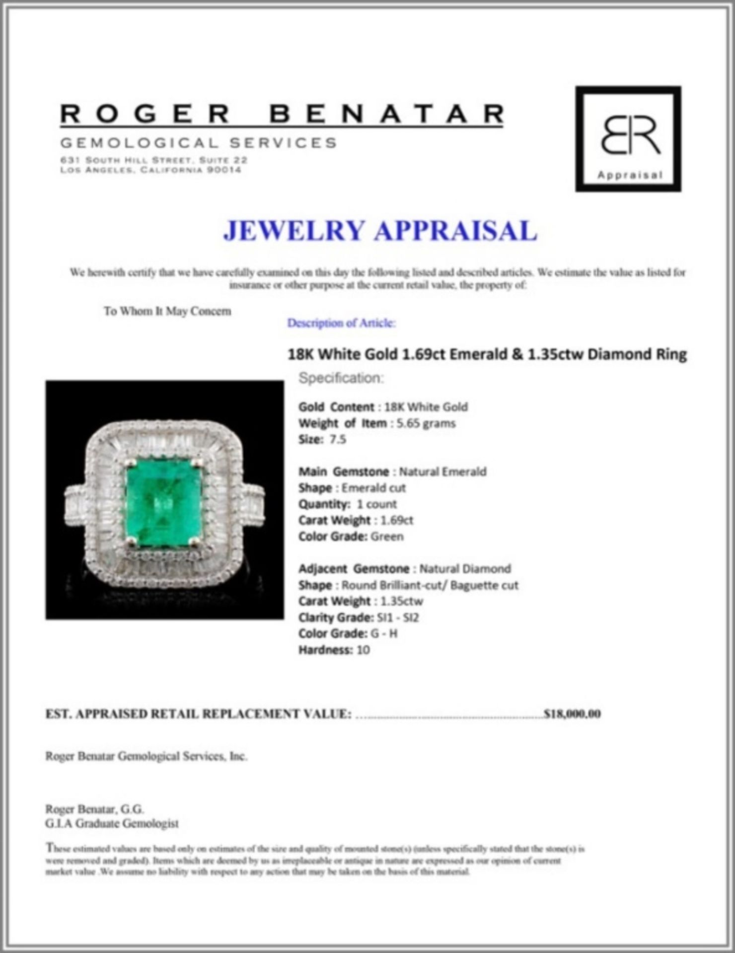 18K White Gold 1.69ct Emerald & 1.35ctw Diamond Ri - Image 4 of 4