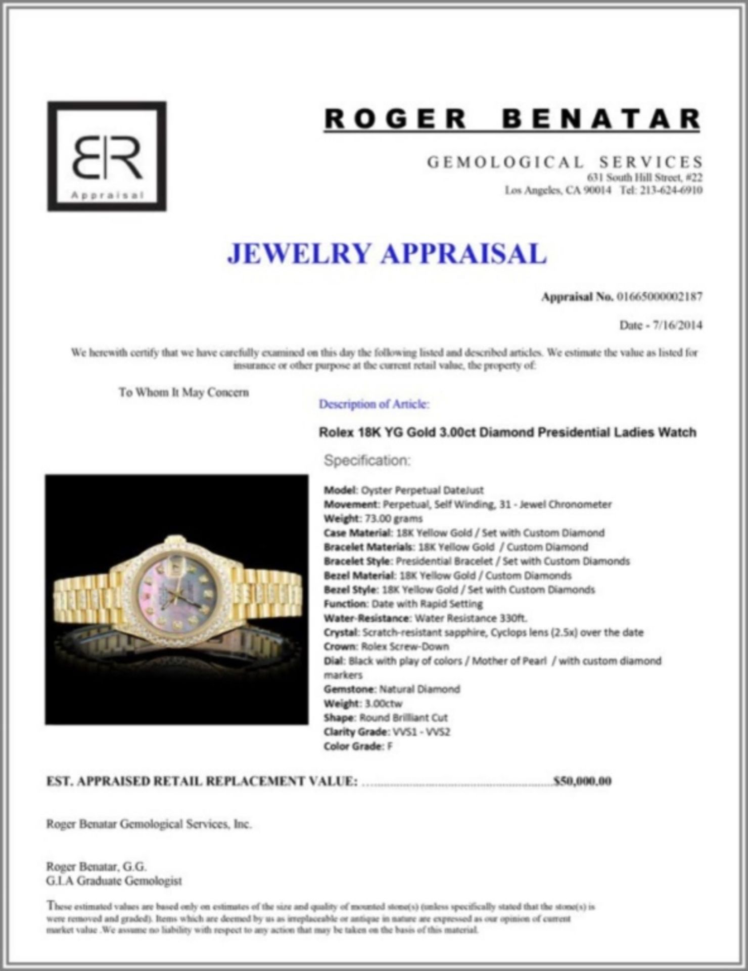 Rolex 18K 3.00ct Diamond Presidential Ladies Watch - Image 6 of 7