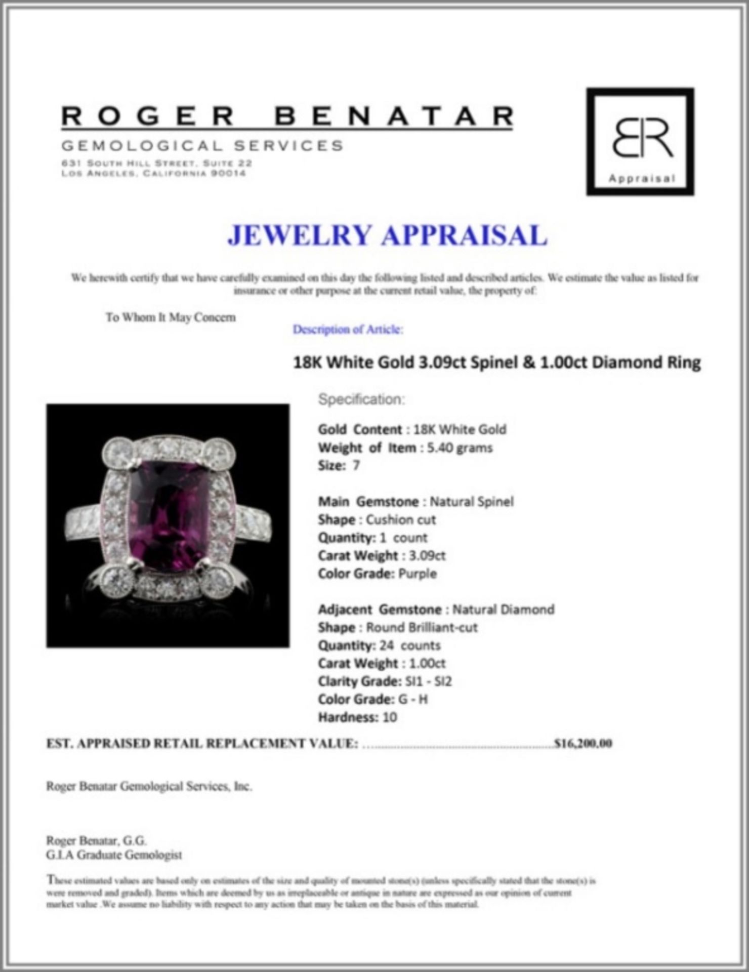 18K White Gold 3.09ct Spinel & 1.00ct Diamond Ring - Image 4 of 4