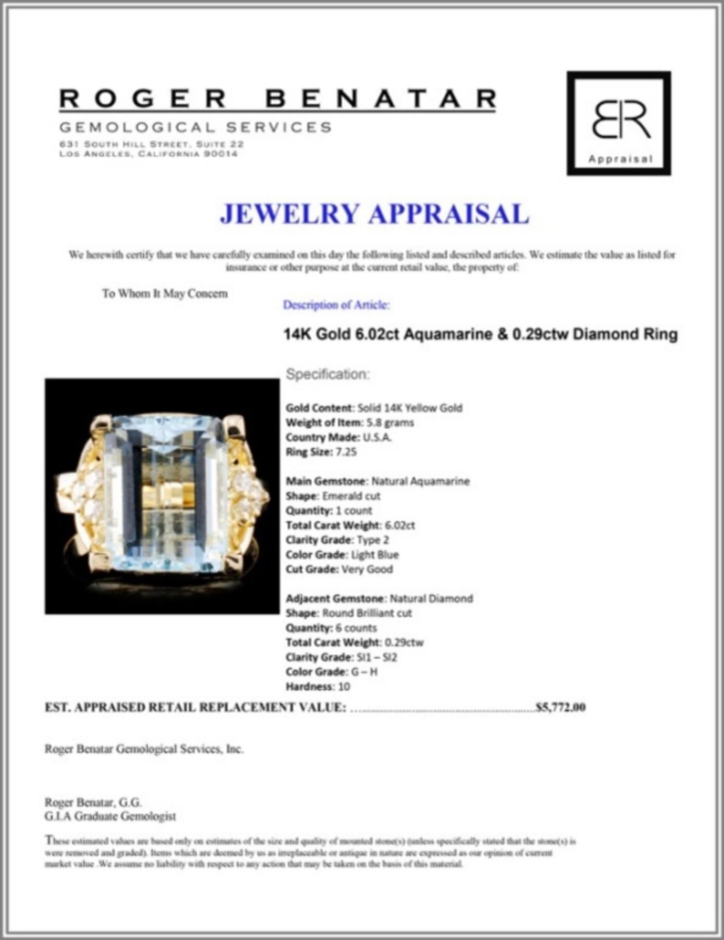 14K Gold 6.02ct Aquamarine & 0.29ctw Diamond Ring - Image 4 of 4