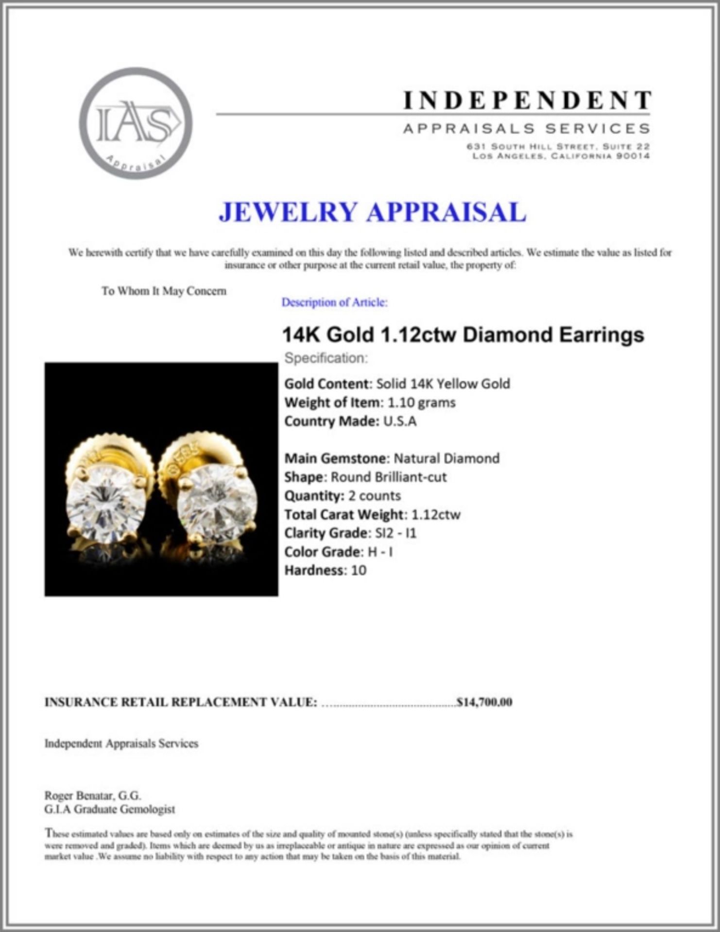 14K Gold 1.12ctw Diamond Earrings - Image 3 of 3