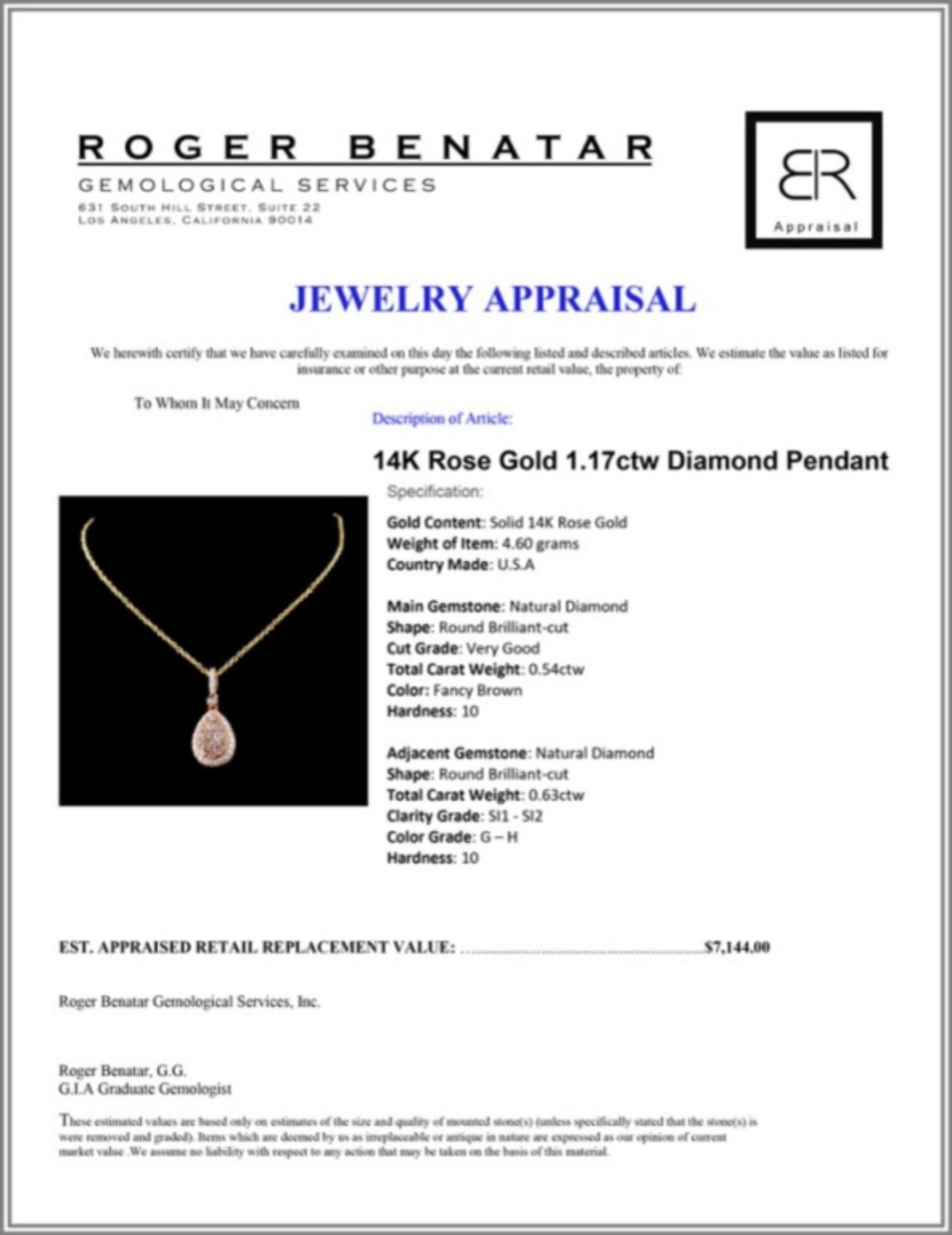 14K Rose Gold 1.17ctw Diamond Pendant - Image 3 of 3