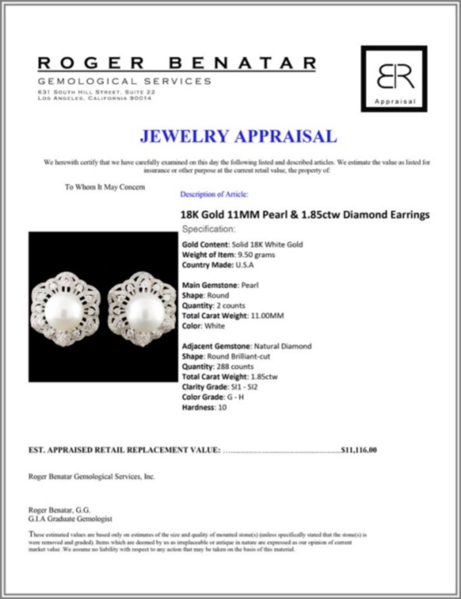 18K Gold 11MM Pearl & 1.85ctw Diamond Earrings - Image 3 of 3