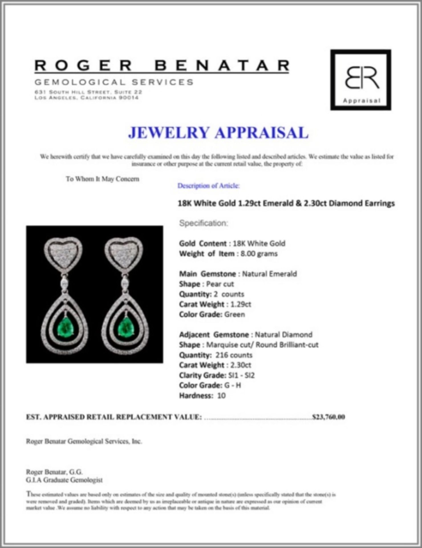 18K White Gold 1.29ct Emerald & 2.30ct Diamond Ear - Image 5 of 6