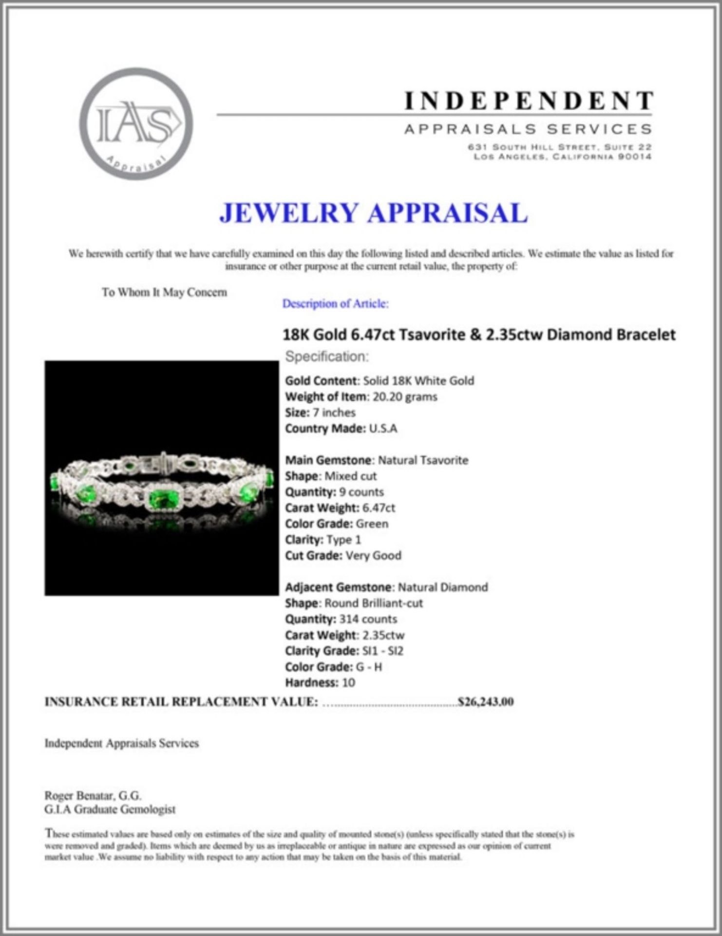 18K Gold 6.47ct Tsavorite & 2.35ctw Diamond Bracel - Image 4 of 5