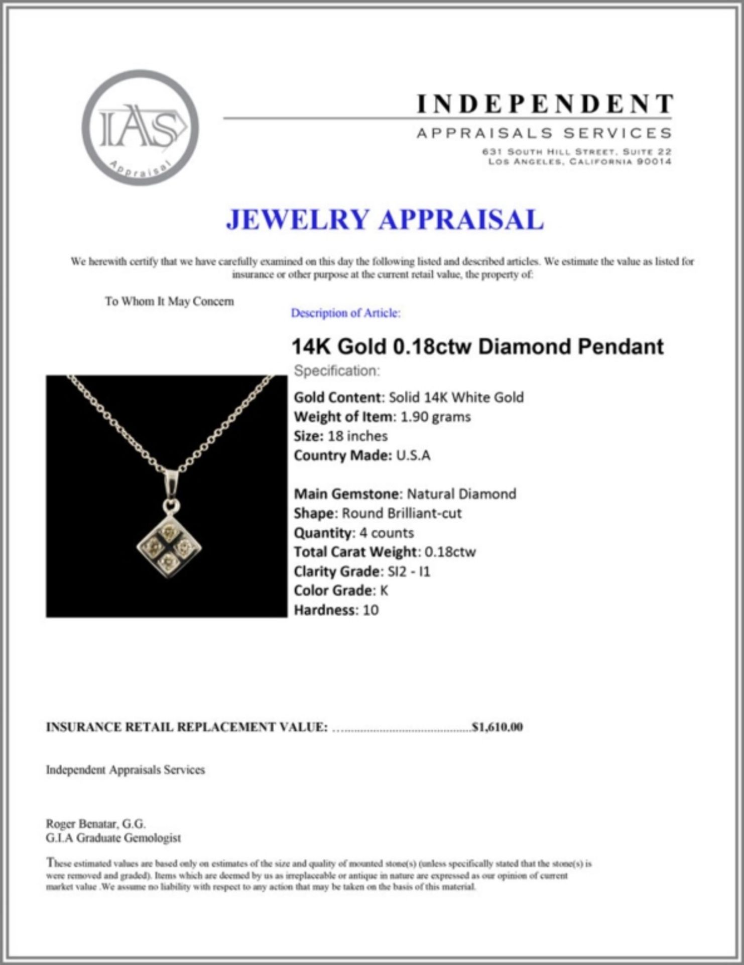 14K Gold 0.18ctw Diamond Pendant - Image 4 of 4