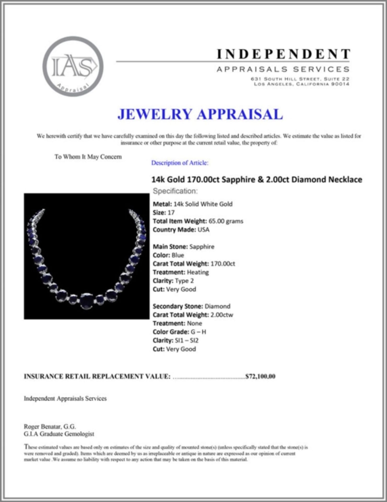14k Gold 170.00ct Sapphire & 2.00ct Diam Necklace - Image 5 of 5