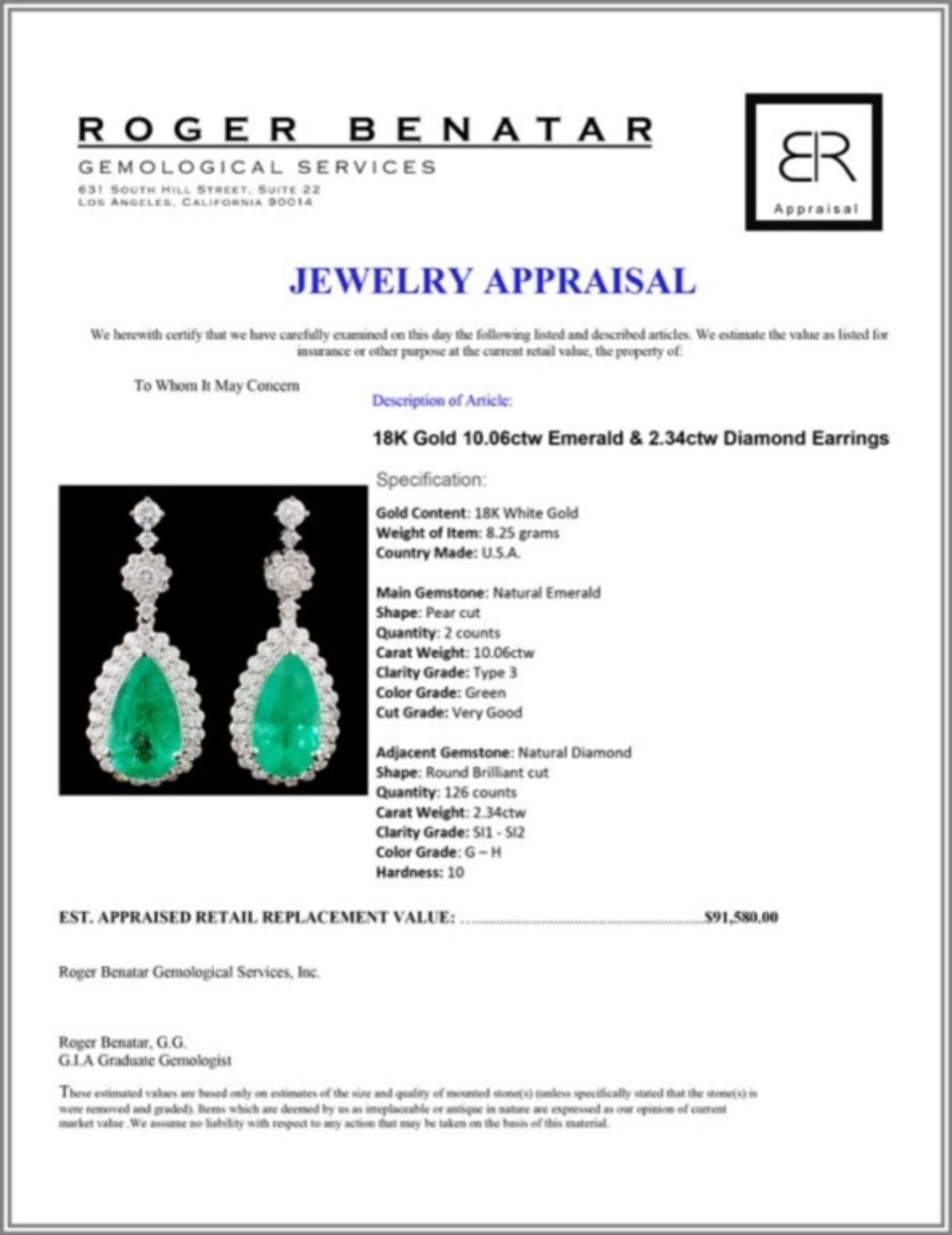 18K Gold 10.06ctw Emerald & 2.34ctw Diamond Earrin - Image 3 of 3