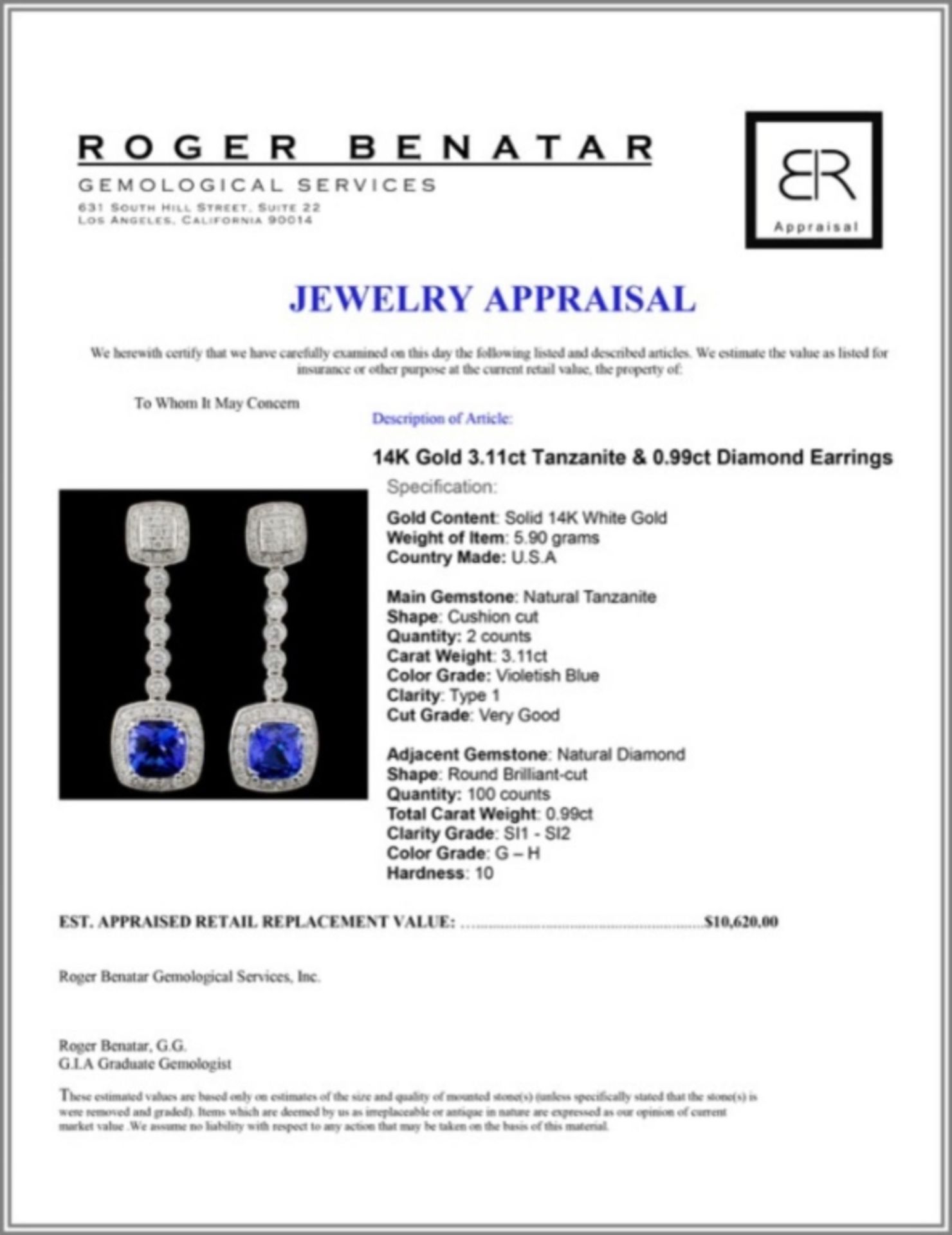 14K Gold 3.11ct Tanzanite & 0.99ct Diamond Earring - Image 3 of 3