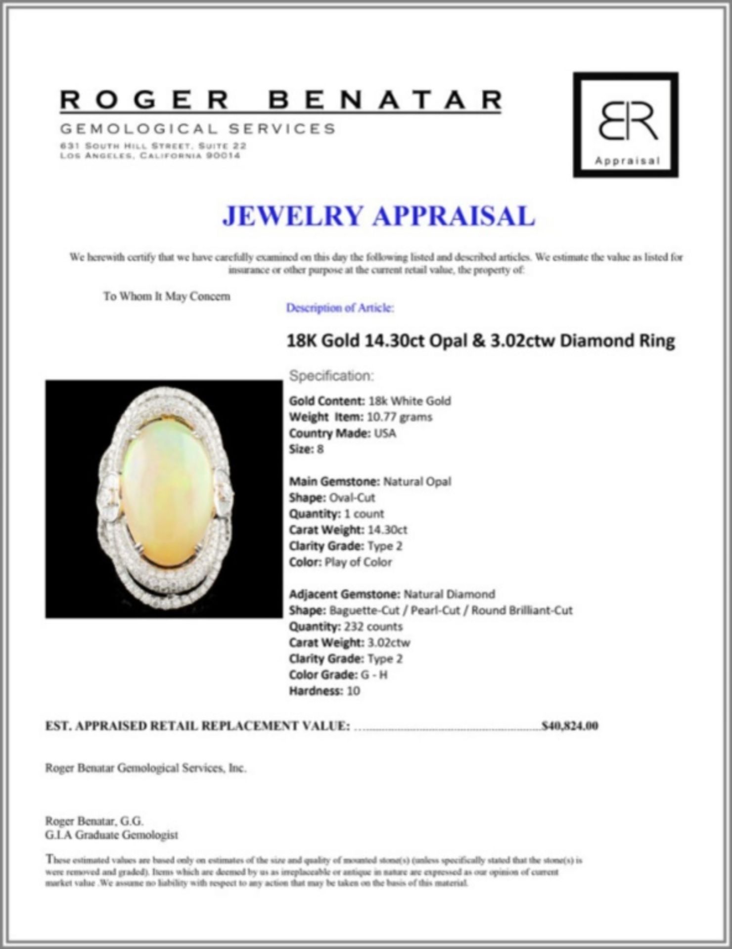 18K Gold 14.30ct Opal & 3.02ctw Diamond Ring - Image 5 of 5