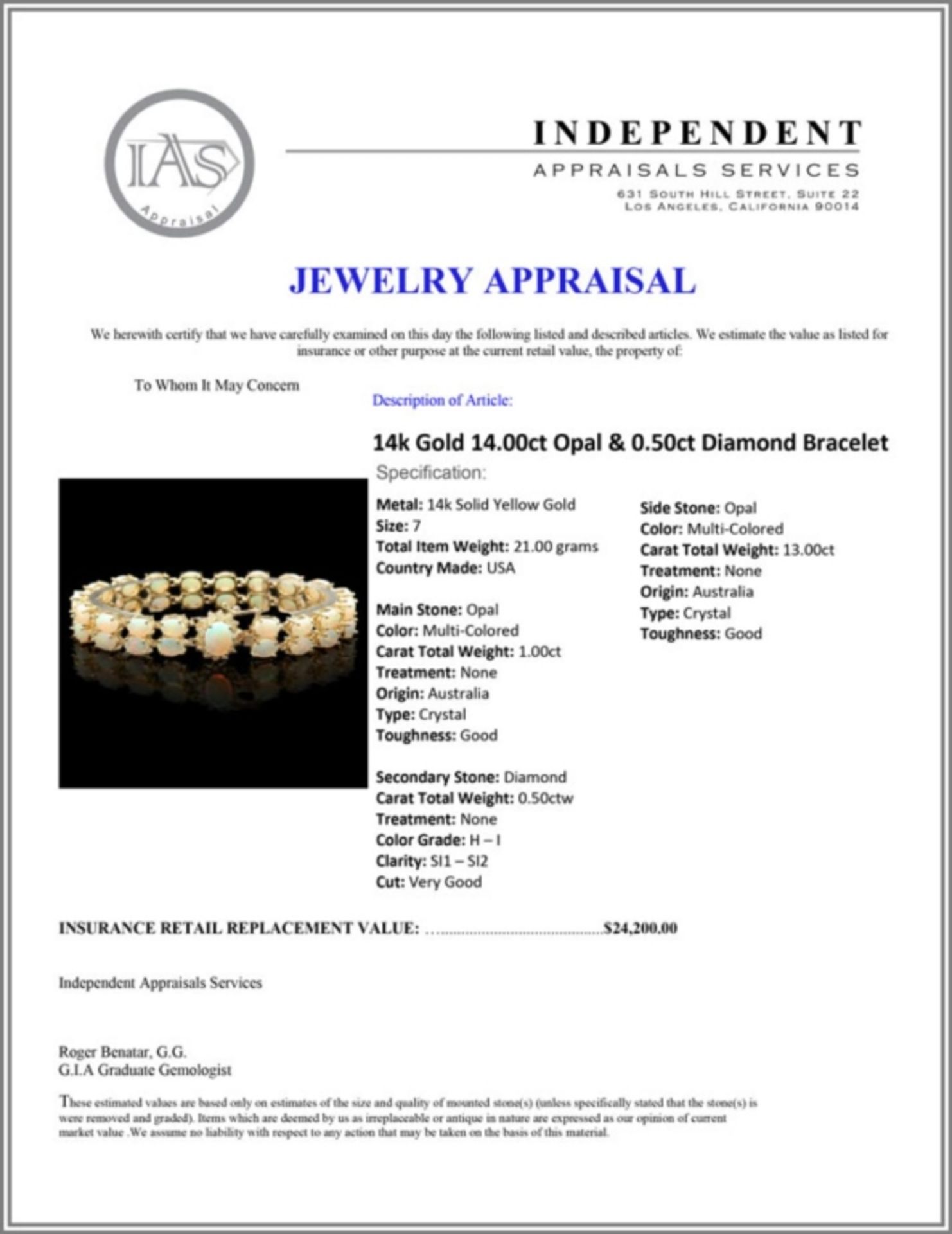 14k Gold 14.00ct Opal & 0.50ct Diamond Bracelet - Image 3 of 3