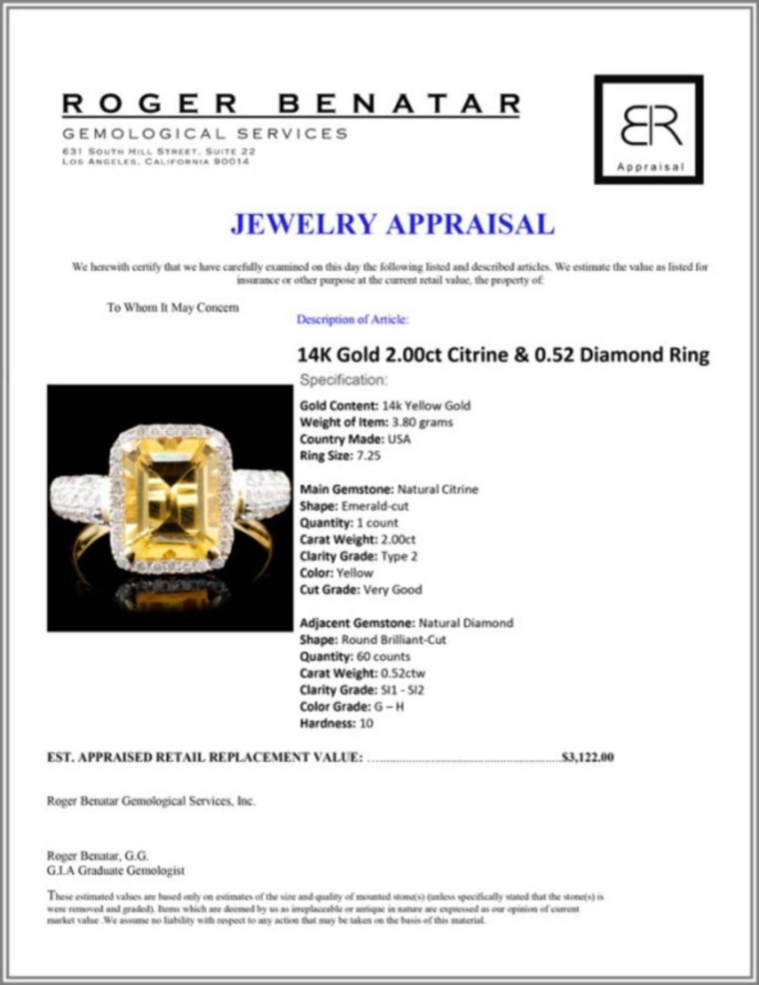 14K Gold 2.00ct Citrine & 0.52 Diamond Ring - Image 5 of 5