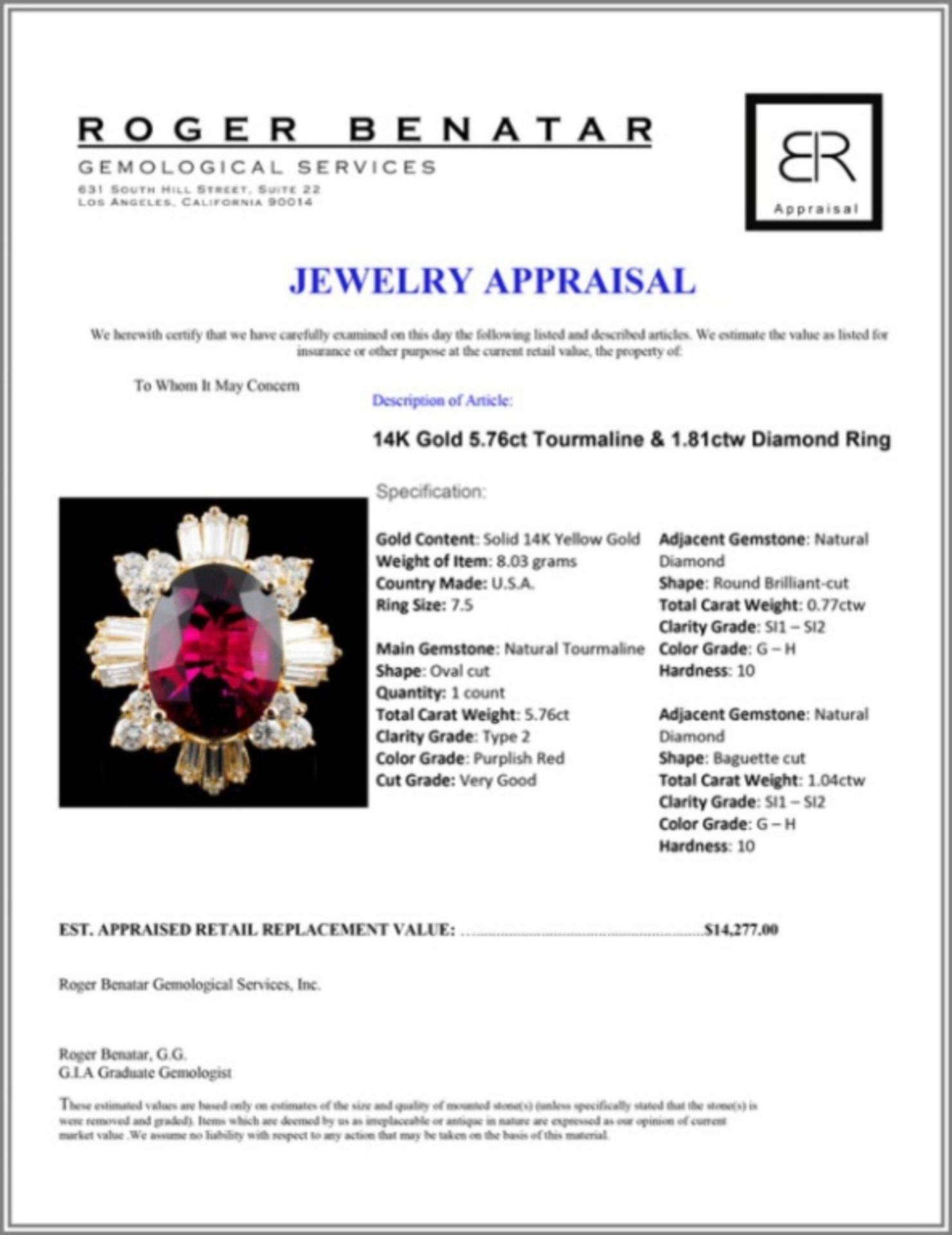 14K Gold 5.76ct Tourmaline & 1.81ctw Diamond Ring - Image 4 of 4