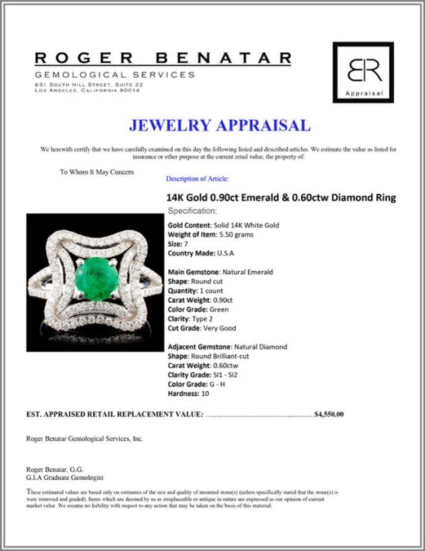 14K Gold 0.90ct Emerald & 0.60ctw Diamond Ring - Image 4 of 4