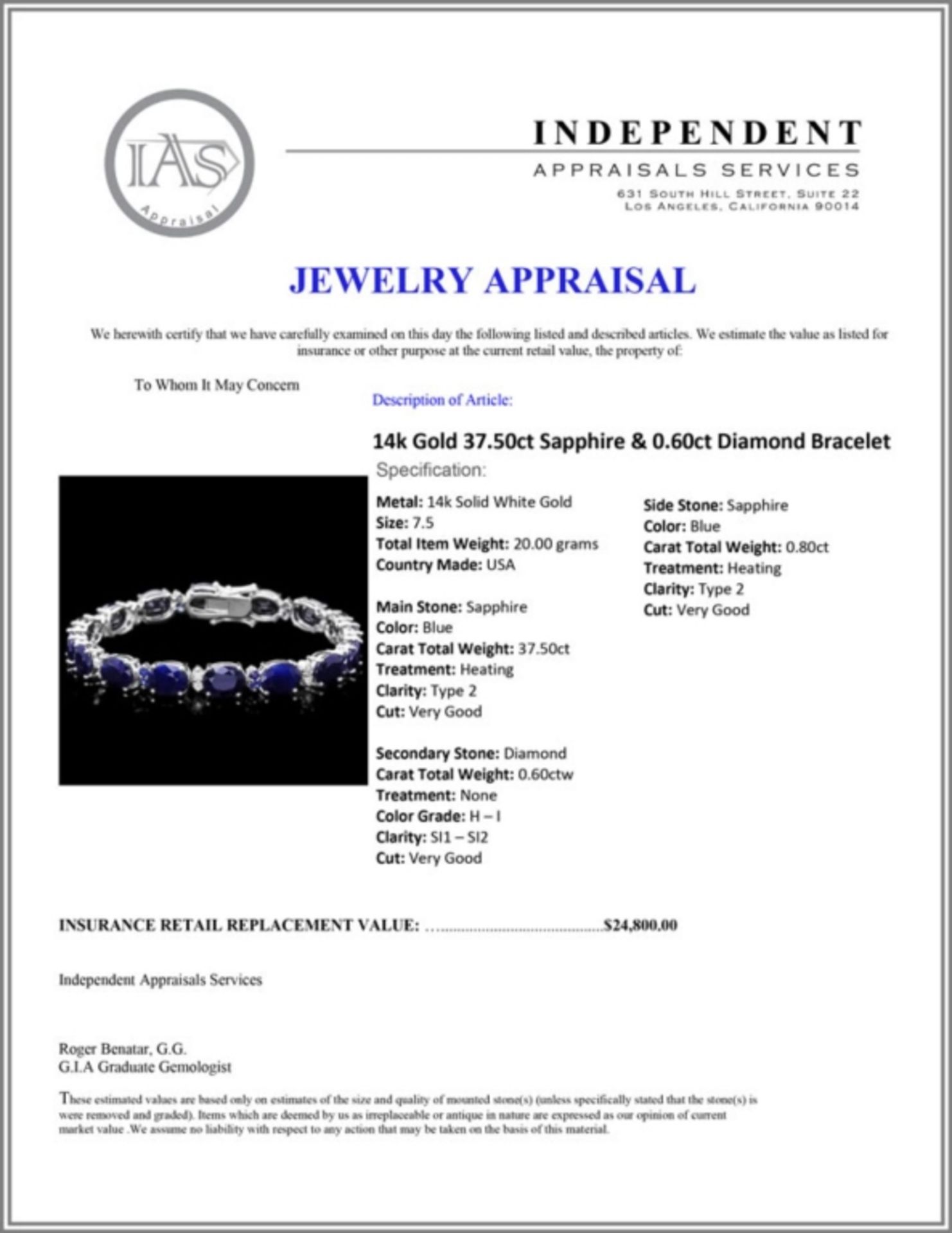 14k Gold 37.50ct Sapphire & 0.60ct Diam Bracelet - Image 3 of 3