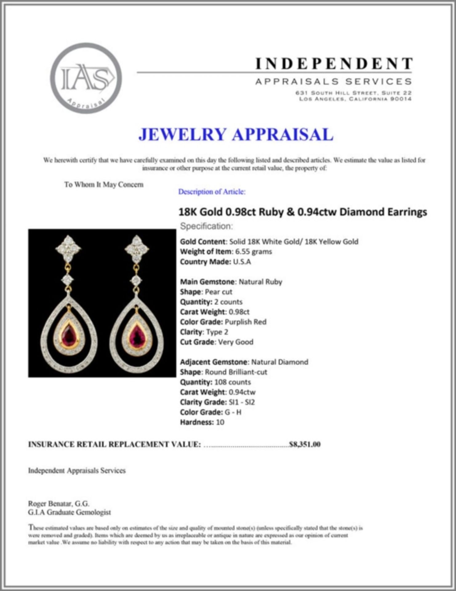 18K Gold 0.98ct Ruby & 0.94ctw Diamond Earrings - Image 3 of 3