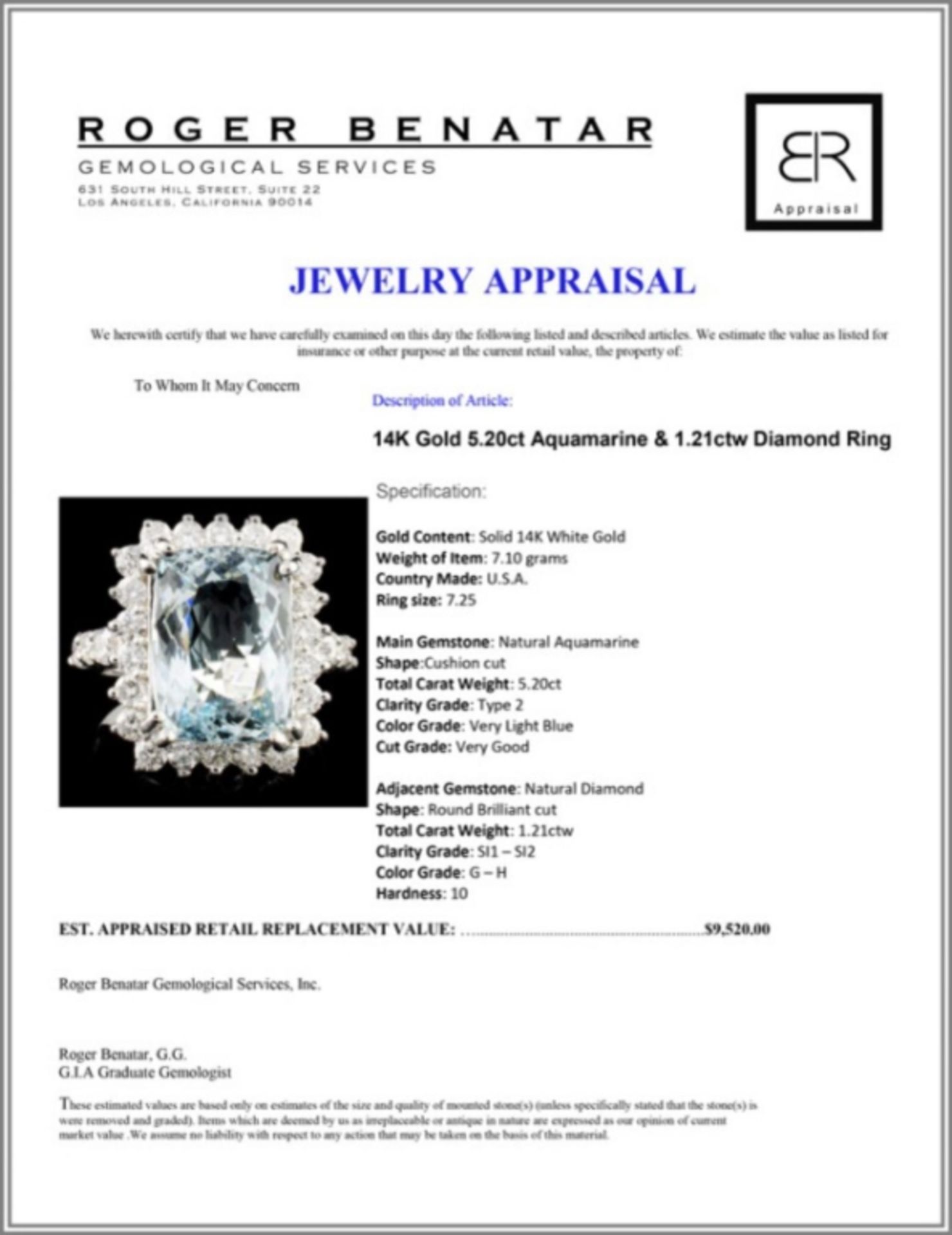 14K Gold 5.20ct Aquamarine & 1.21ctw Diamond Ring - Image 4 of 4