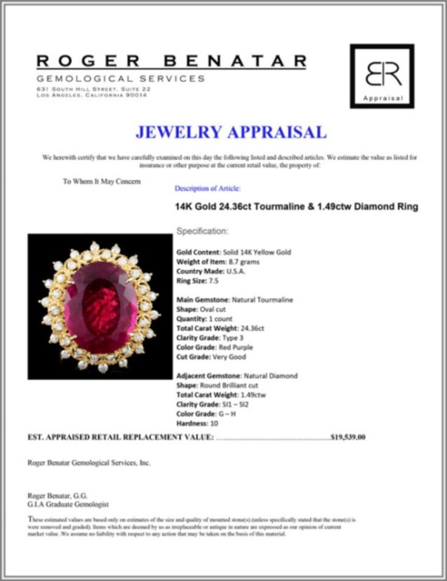 14K Gold 24.36ct Tourmaline & 1.49ctw Diamond Ring - Image 4 of 4