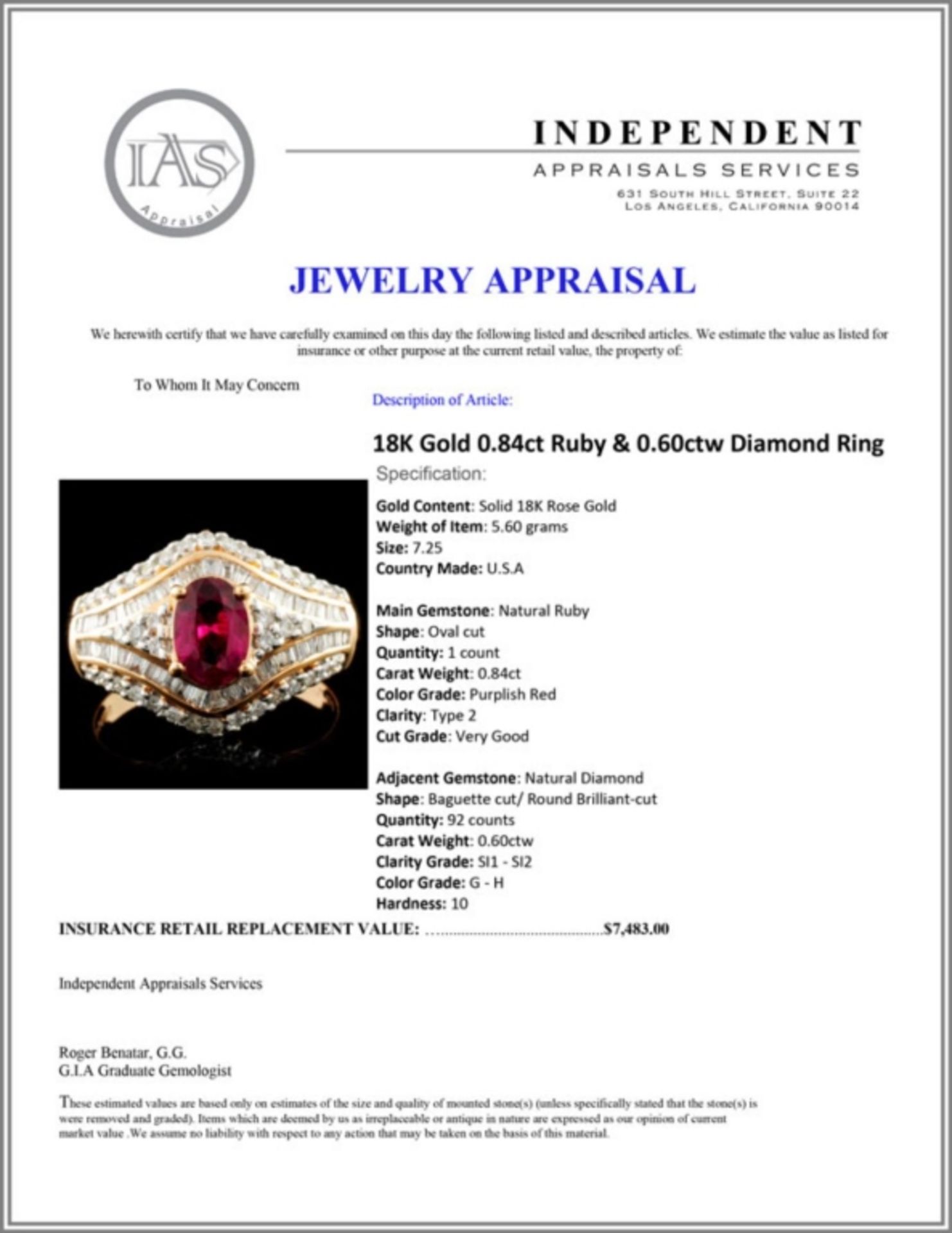 18K Gold 0.84ct Ruby & 0.60ctw Diamond Ring - Image 5 of 5