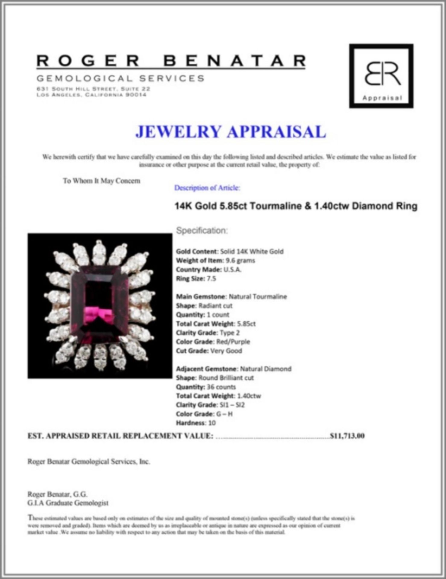 14K Gold 5.85ct Tourmaline & 1.40ctw Diamond Ring - Image 4 of 4