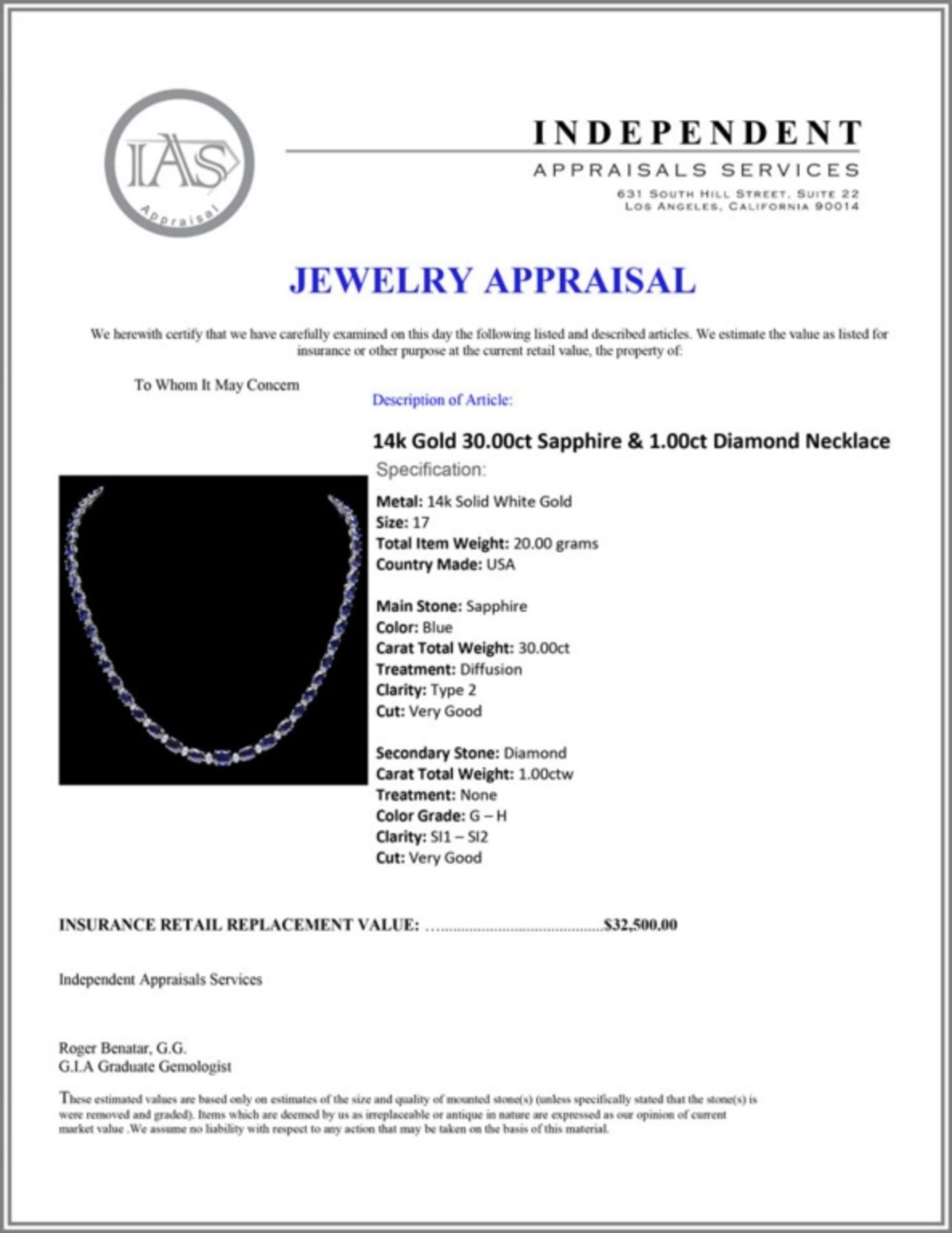 14k Gold 30.00ct Sapphire & 1.00ct Diam Necklace - Image 3 of 3