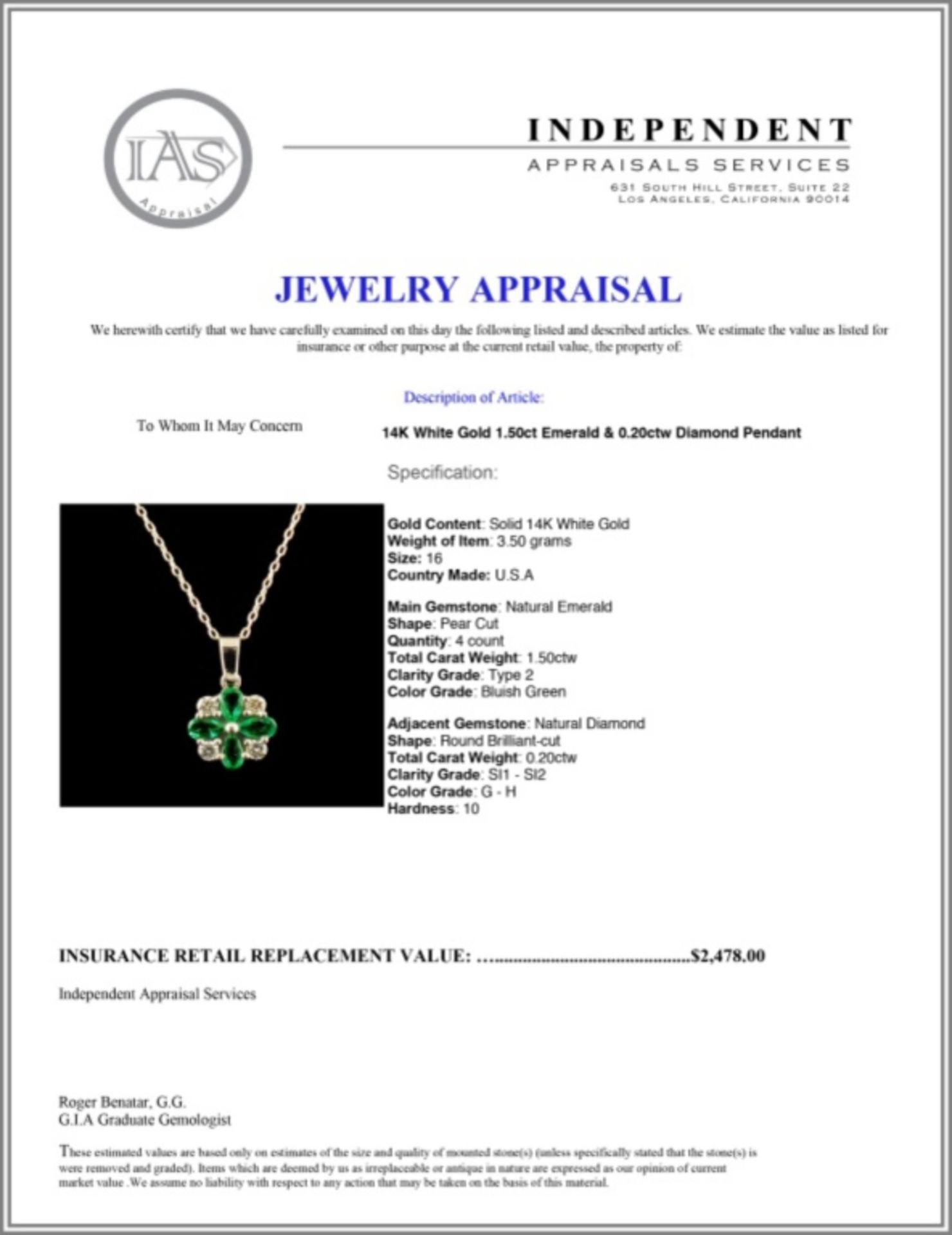 14K Gold 1.50ct Emerald & 0.20ct Diamond Pendant - Image 3 of 3