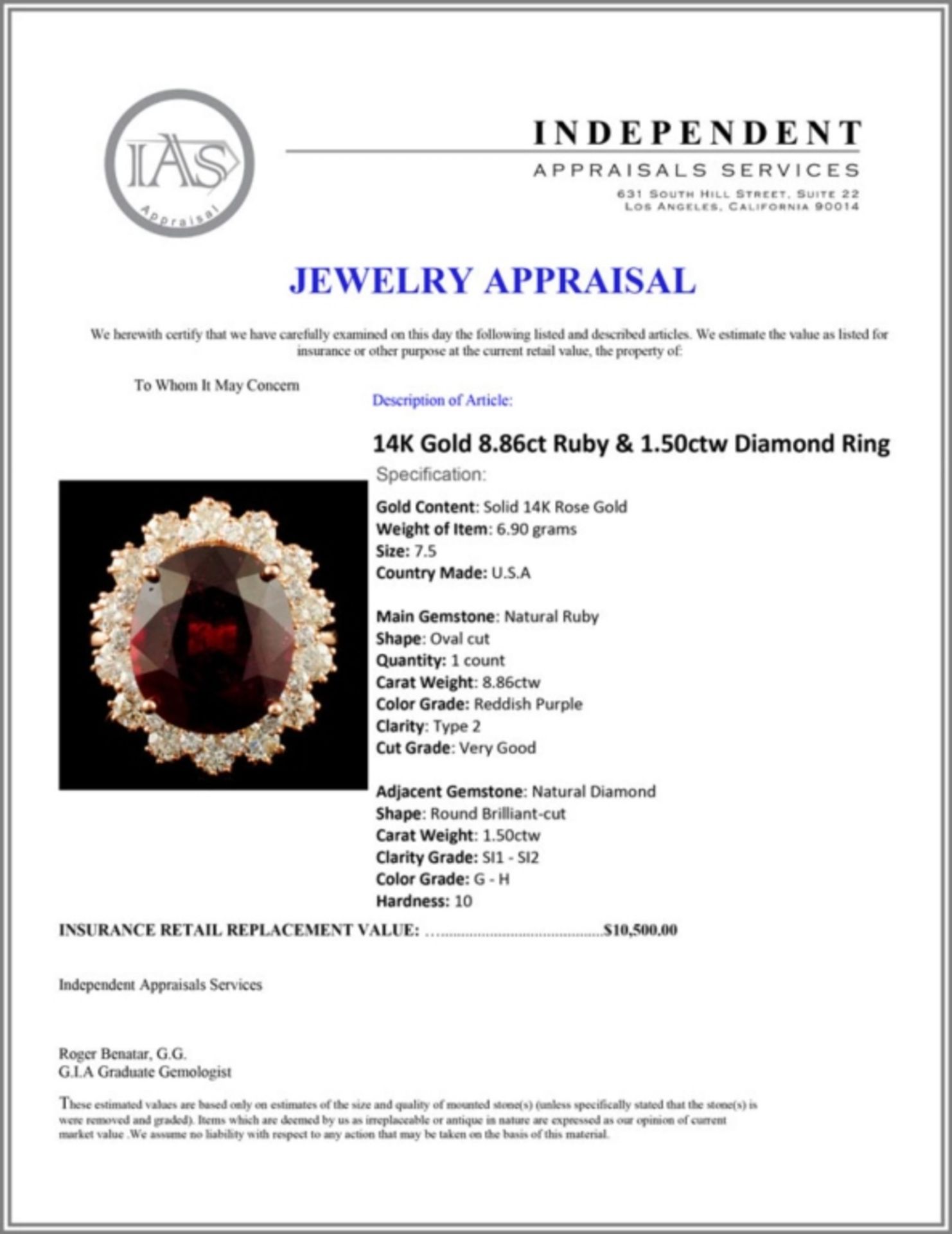 14K Gold 8.86ct Ruby & 1.50ctw Diamond Ring - Image 5 of 5