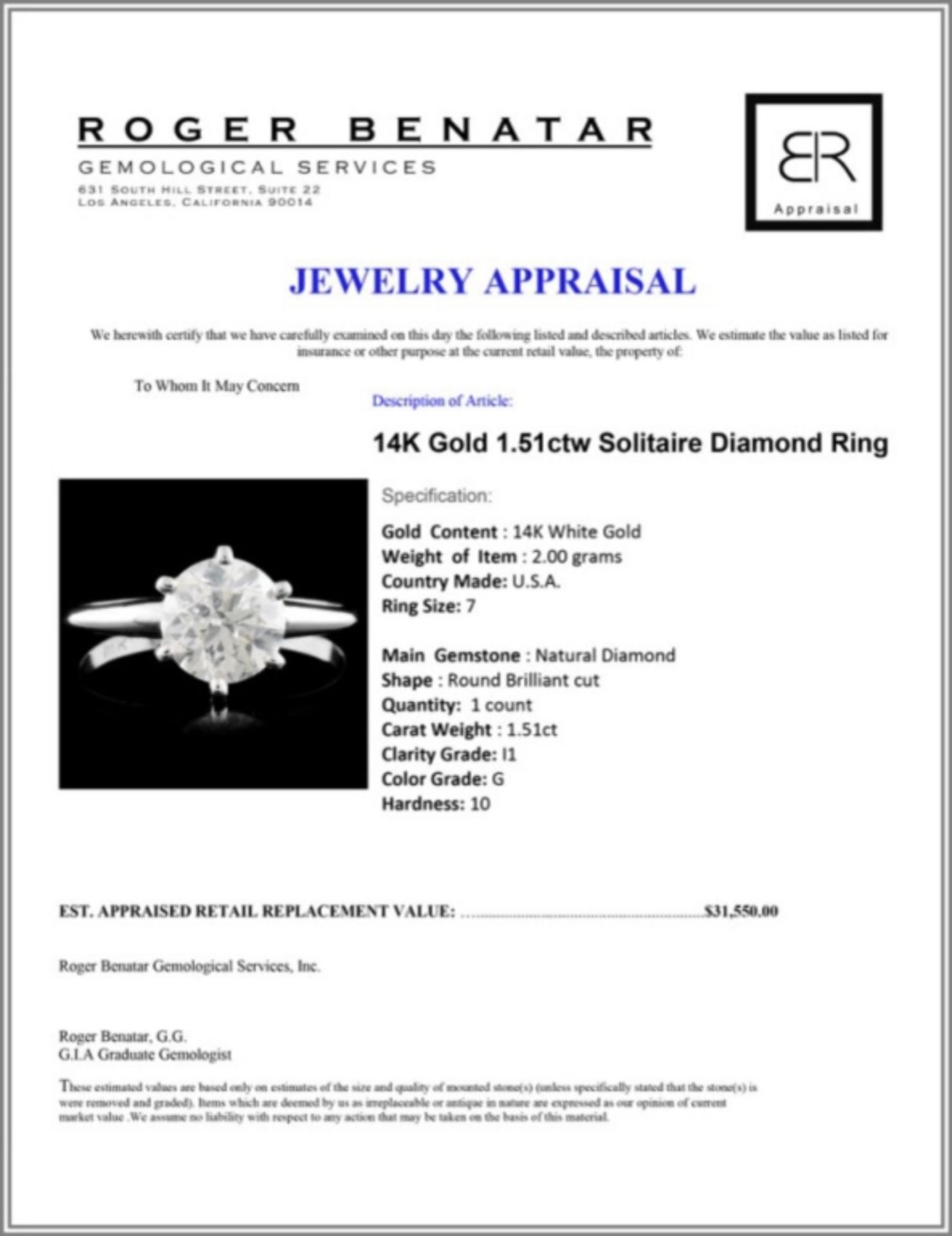 14K Gold 1.51ctw Solitaire Diamond Ring - Image 4 of 4