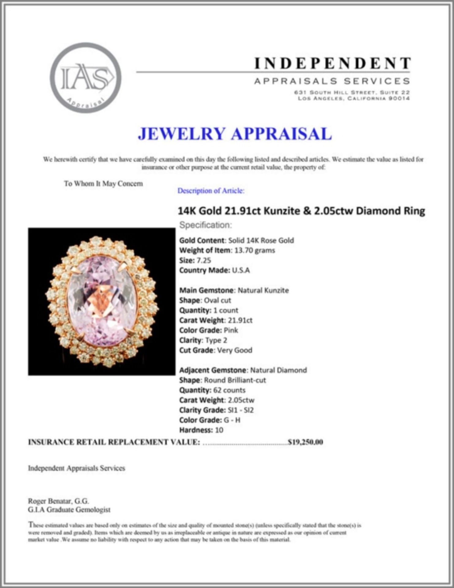 14K Gold 21.91ct Kunzite & 2.05ctw Diamond Ring - Image 5 of 5