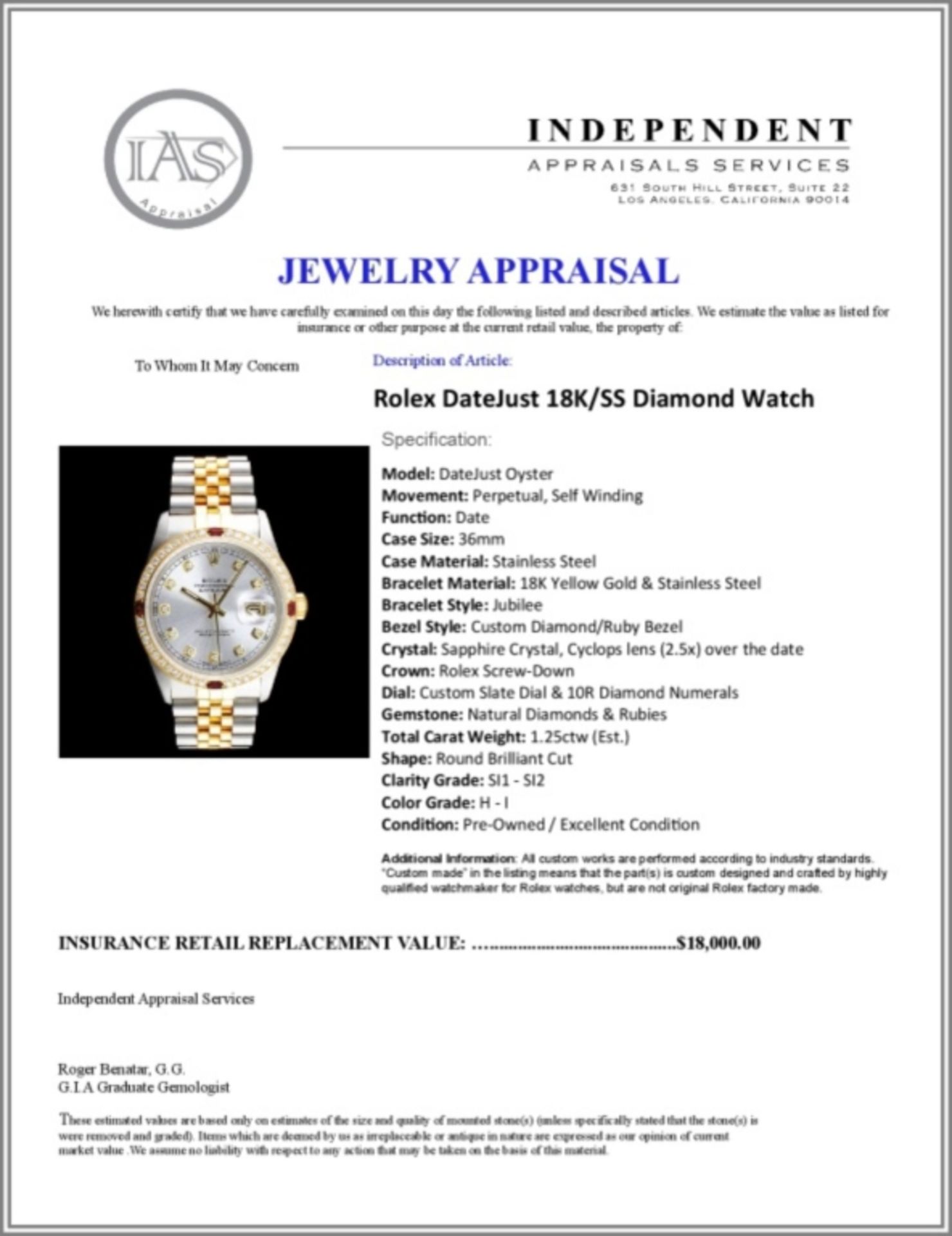 Rolex DateJust 18K/SS Diamond 36mm Watch - Image 6 of 6