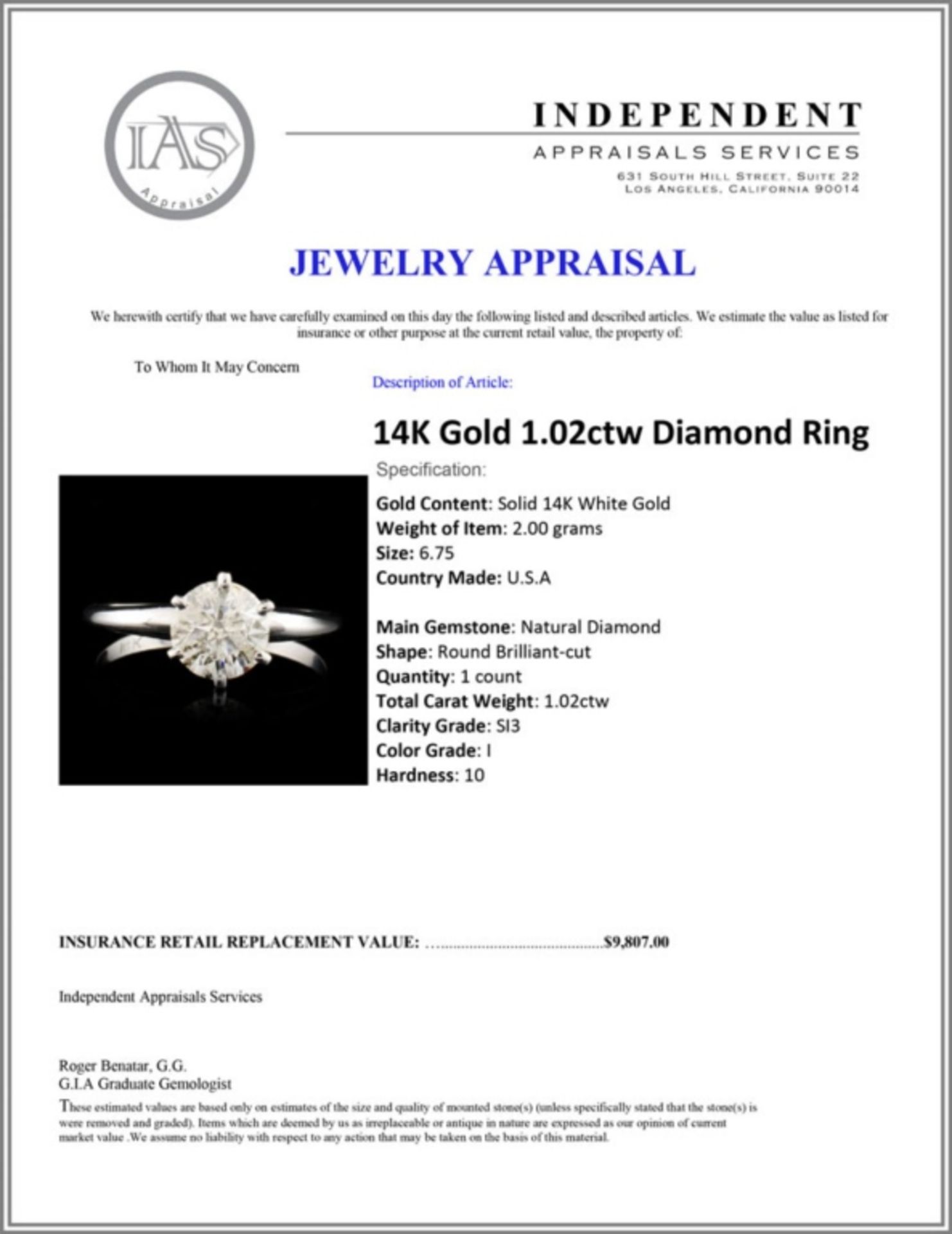 14K Gold 1.02ctw Diamond Ring - Image 5 of 5