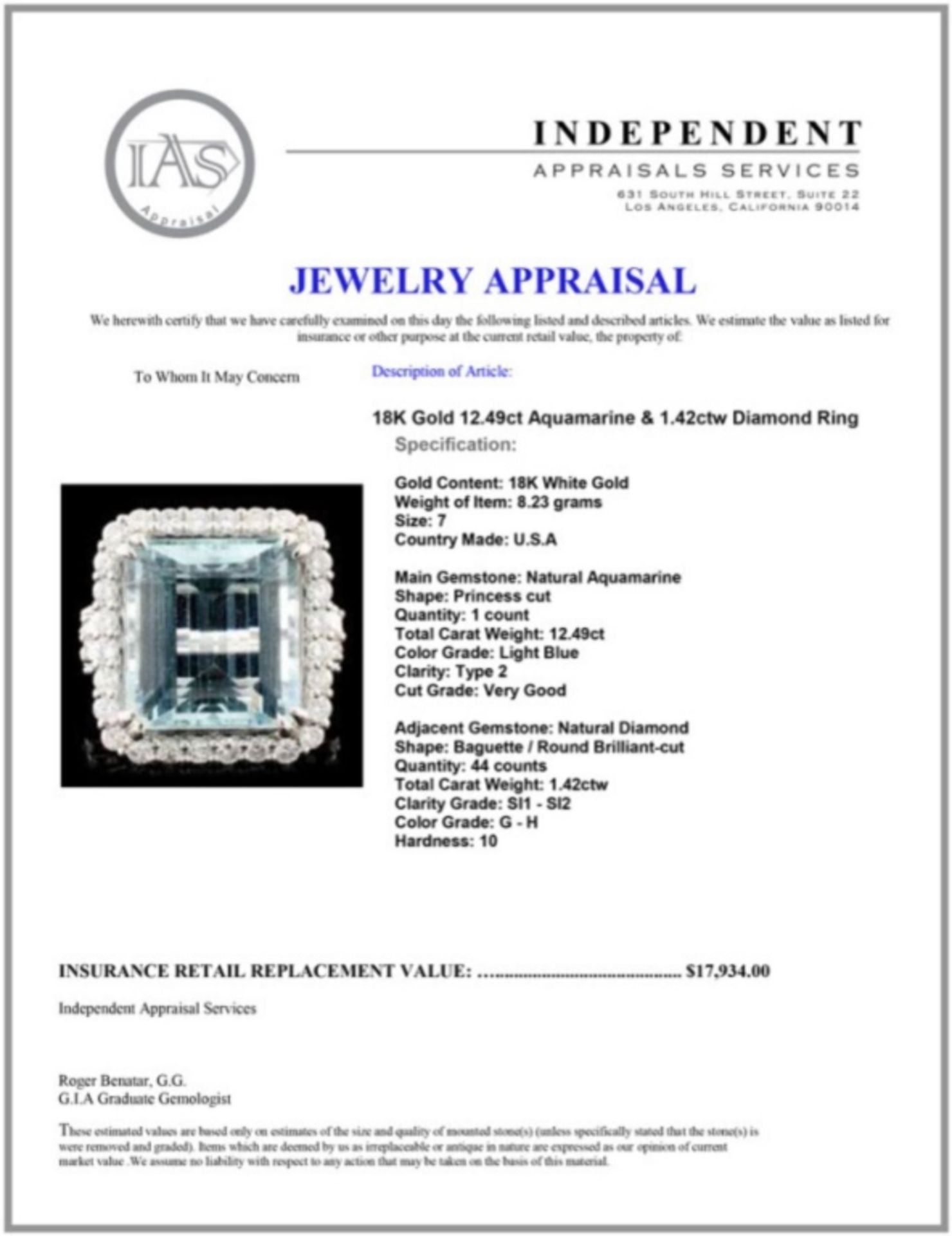 18K Gold 12.49ct Aquamarine & 1.42ctw Diamond Ring - Image 5 of 5