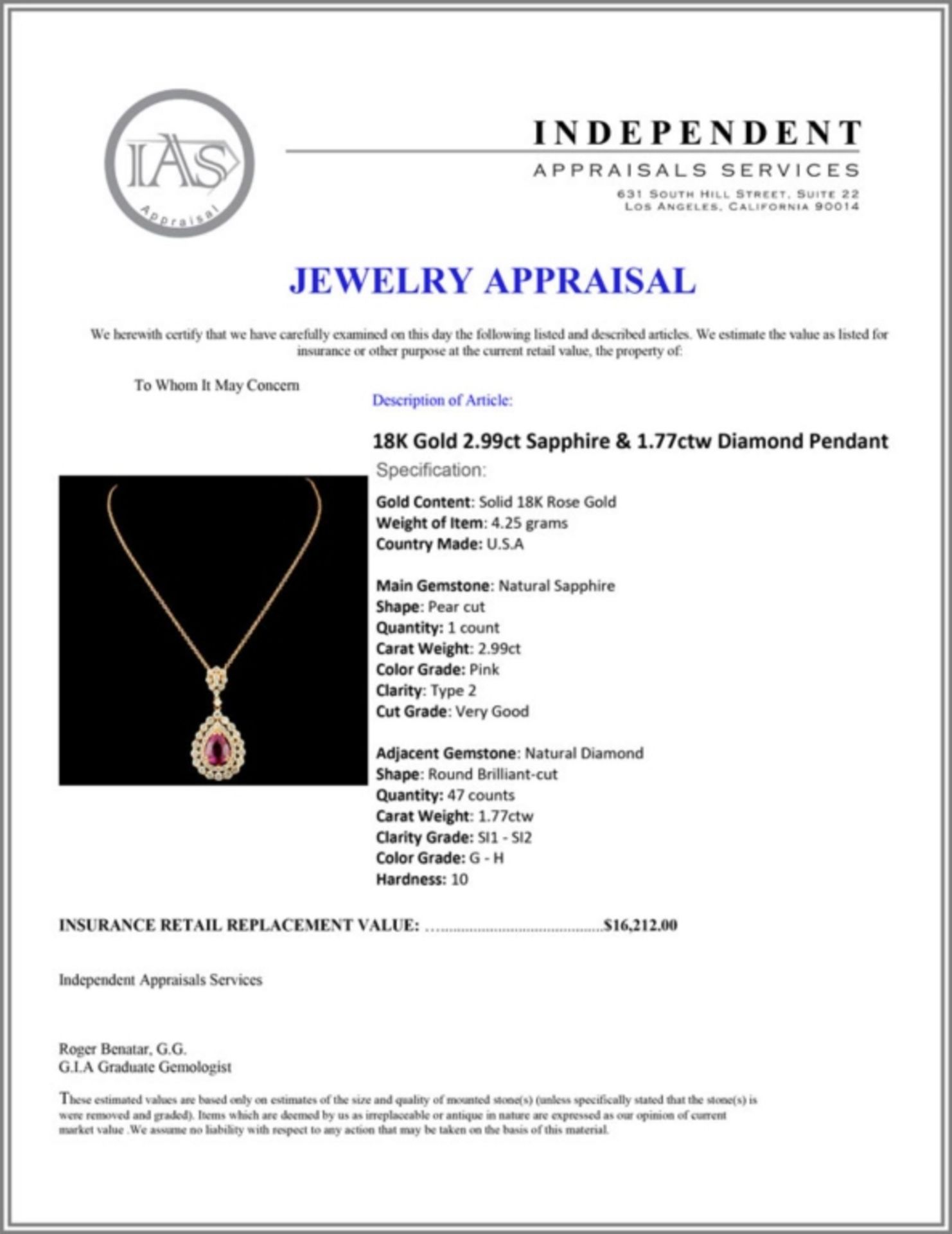 18K Gold 2.99ct Sapphire & 1.77ctw Diamond Pendant - Image 4 of 4