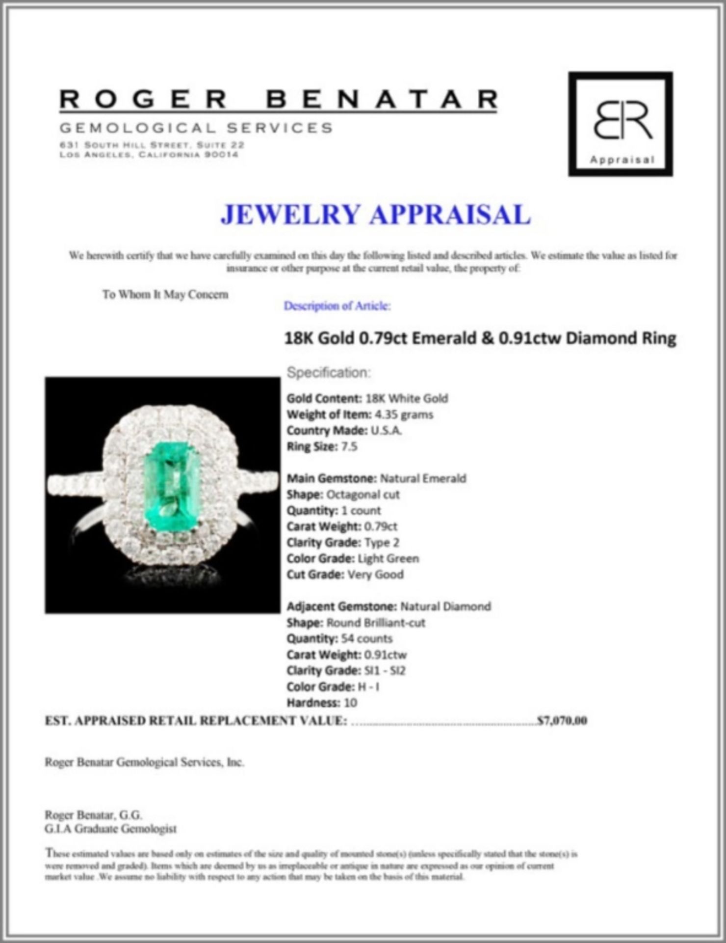 18K Gold 0.79ct Emerald & 0.91ctw Diamond Ring - Image 5 of 5