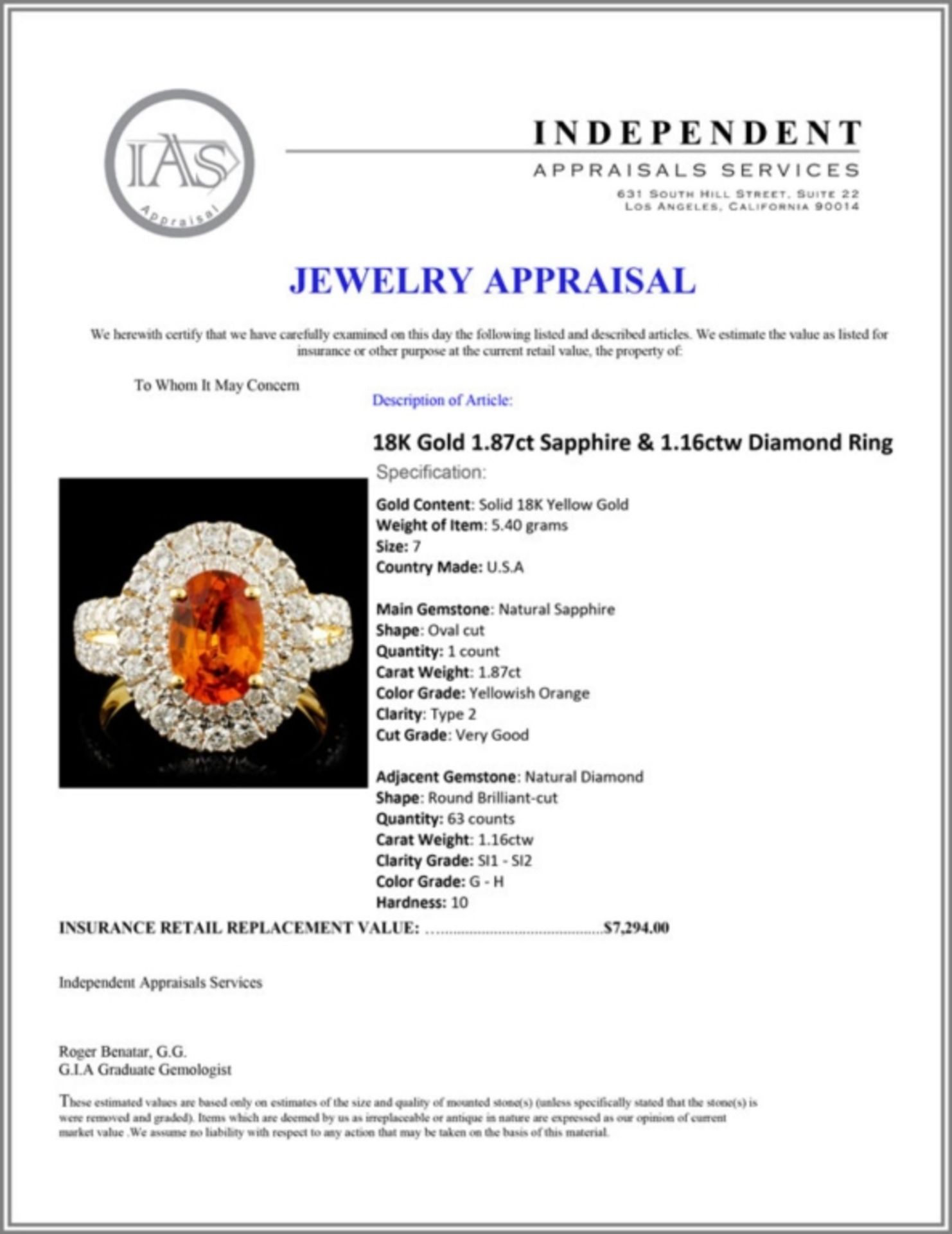 18K Gold 1.87ct Sapphire & 1.16ctw Diamond Ring - Image 5 of 5