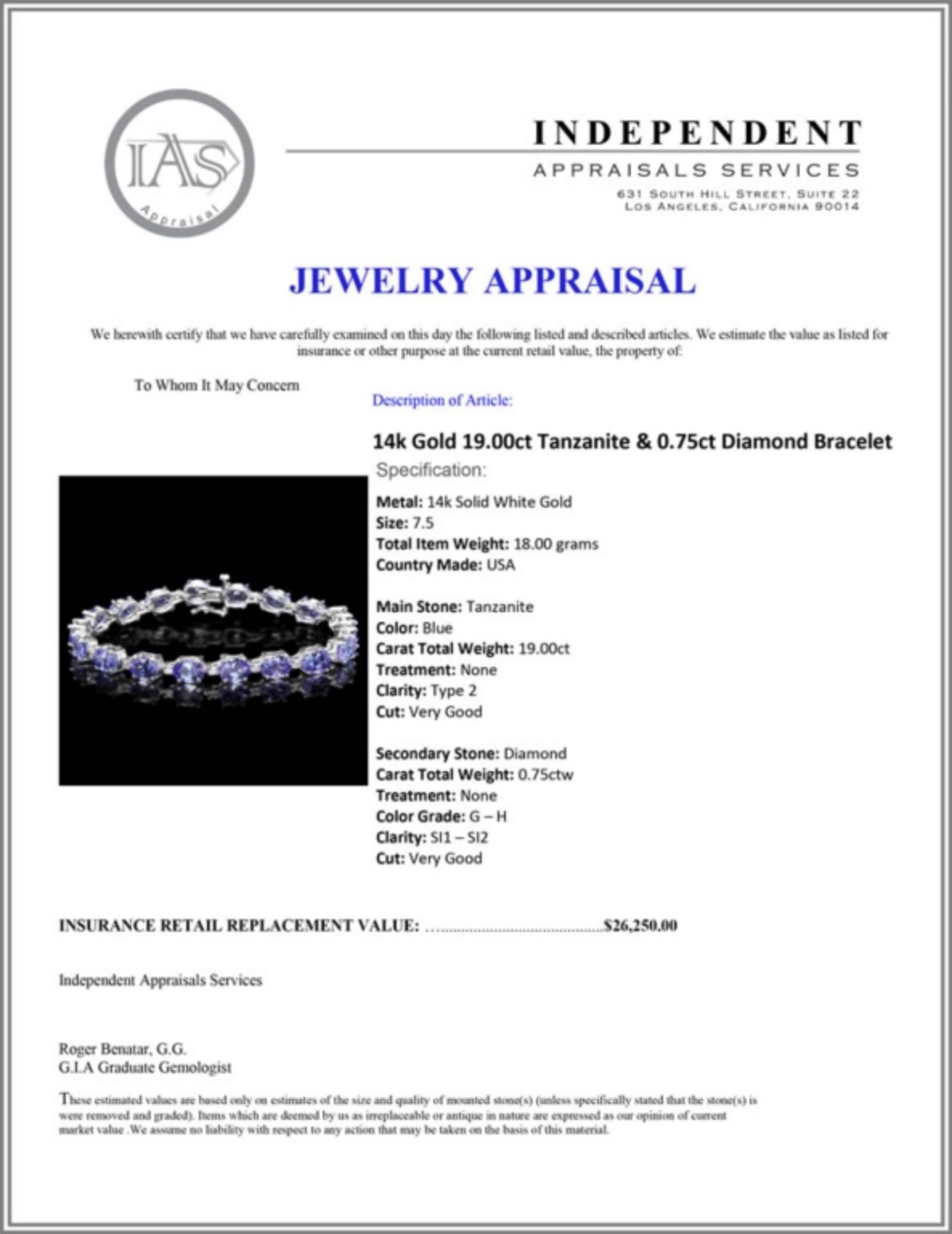 `14k Gold 19.00ct Tanzanite & 0.75ct Diamond Brace - Image 4 of 4