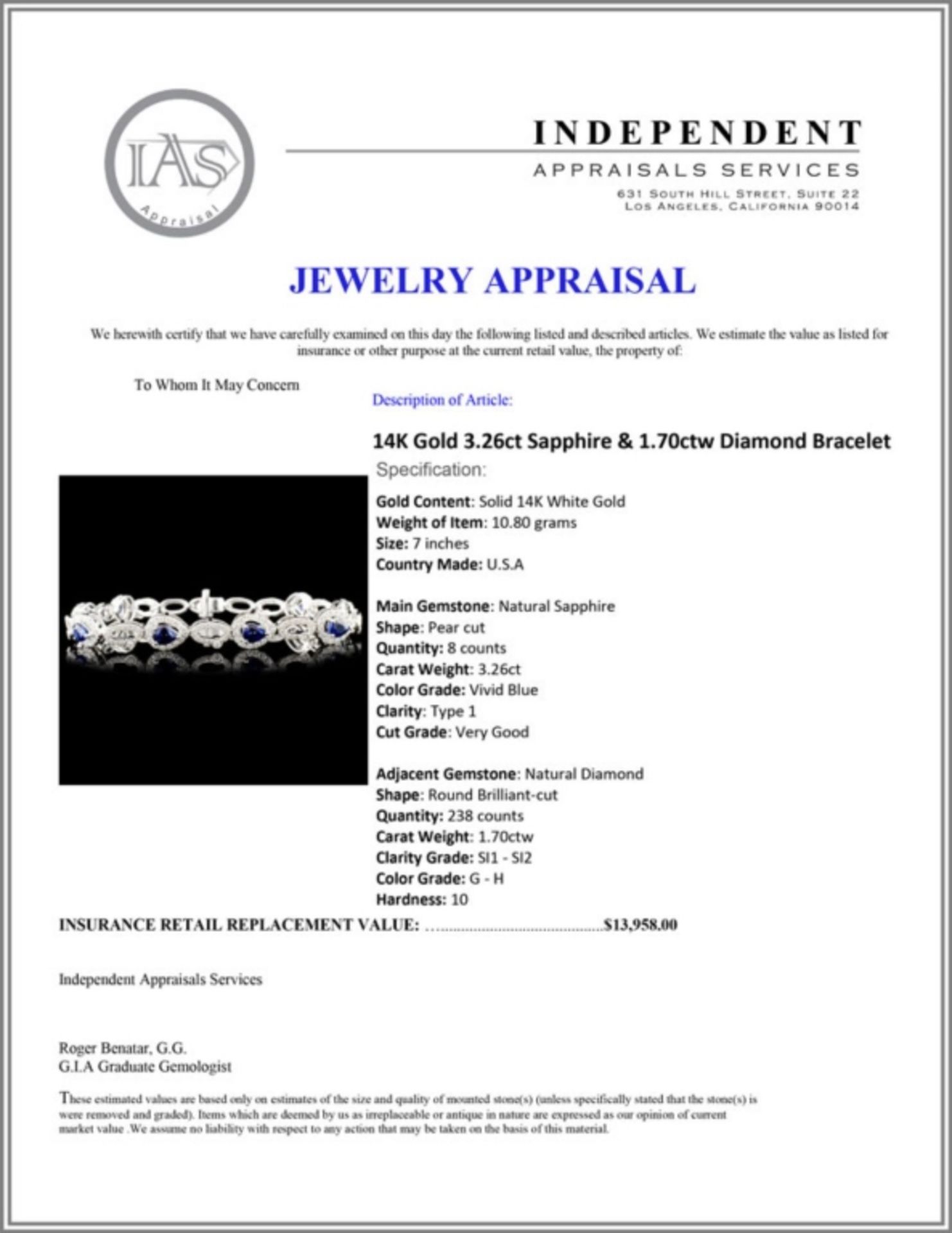 14K Gold 3.26ct Sapphire & 1.70ctw Diamond Bracele - Image 4 of 4