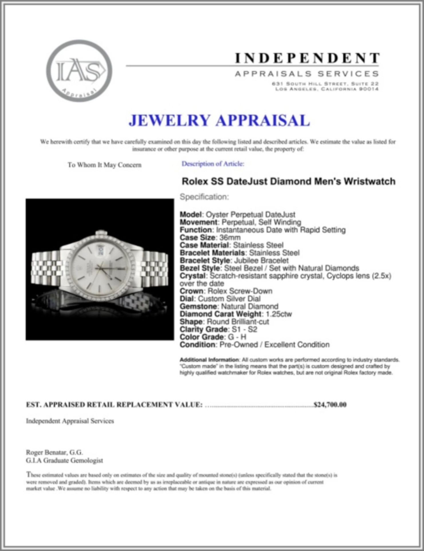 Rolex SS DateJust Diamond 36MM Wristwatch - Image 5 of 5