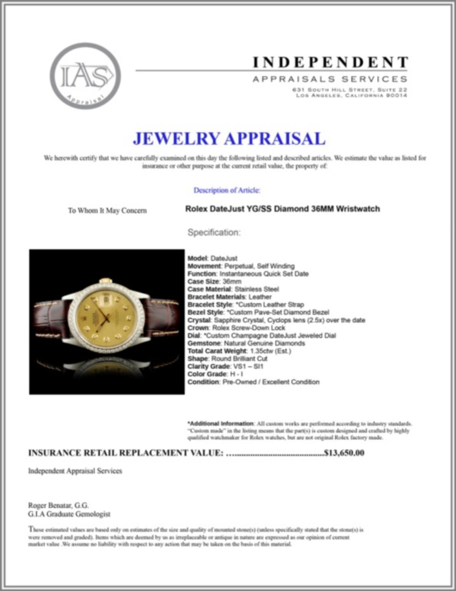 Rolex DateJust YG/SS 1.35ct Diamond 36MM Watch - Image 6 of 7