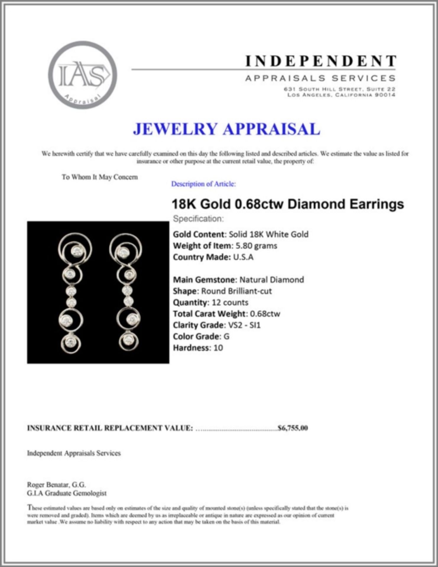 18K Gold 0.68ctw Diamond Earrings - Image 3 of 3