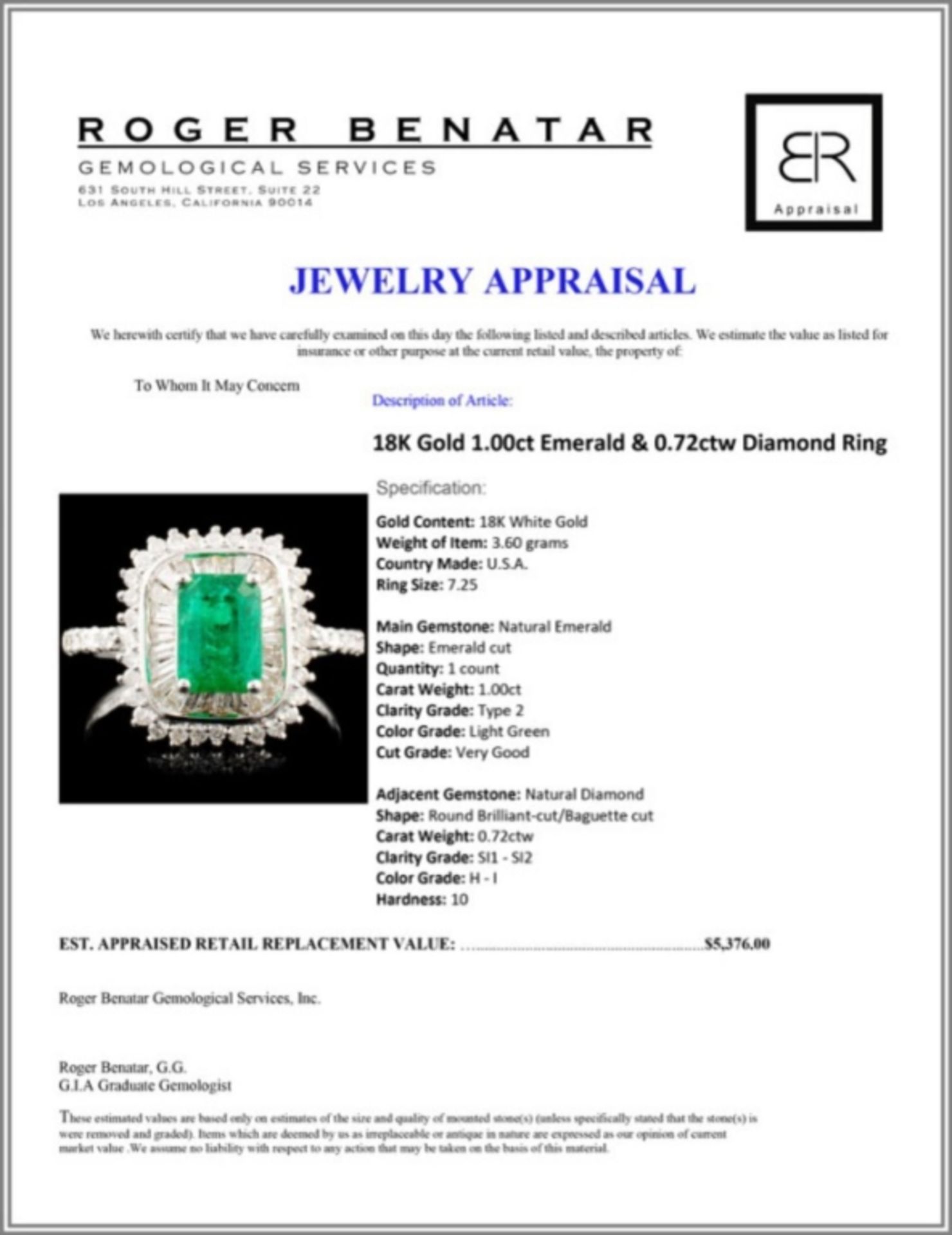 18K Gold 1.00ct Emerald & 0.72ctw Diamond Ring - Image 5 of 5