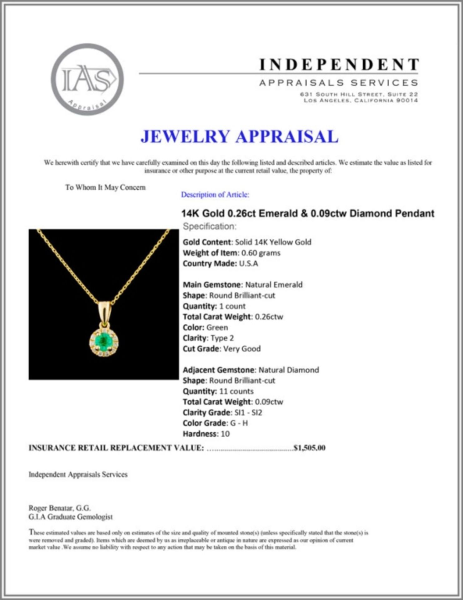 14K Gold 0.26ct Emerald & 0.09ctw Diamond Pendant - Image 4 of 4