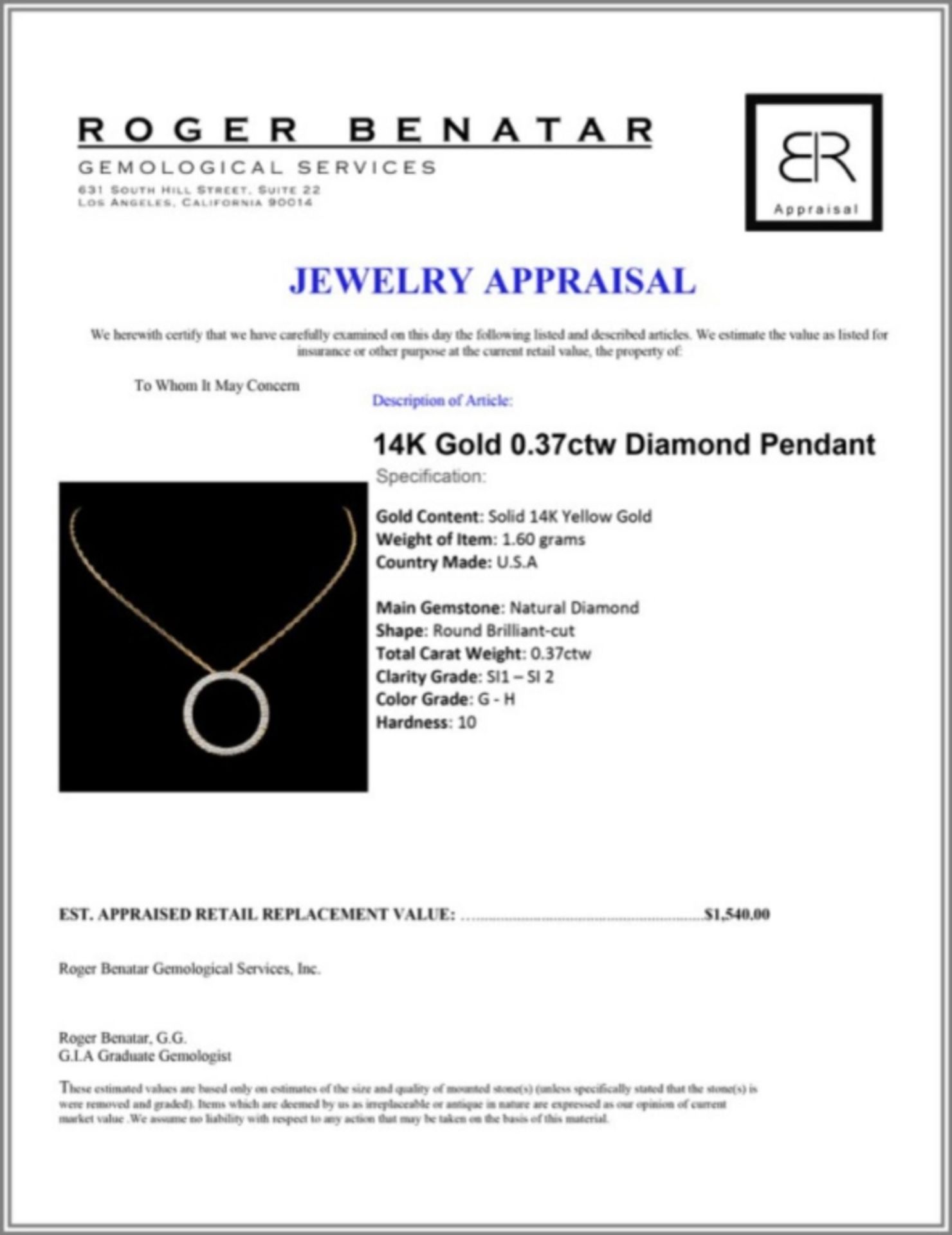 14K Gold 0.37ctw Diamond Pendant - Image 3 of 3