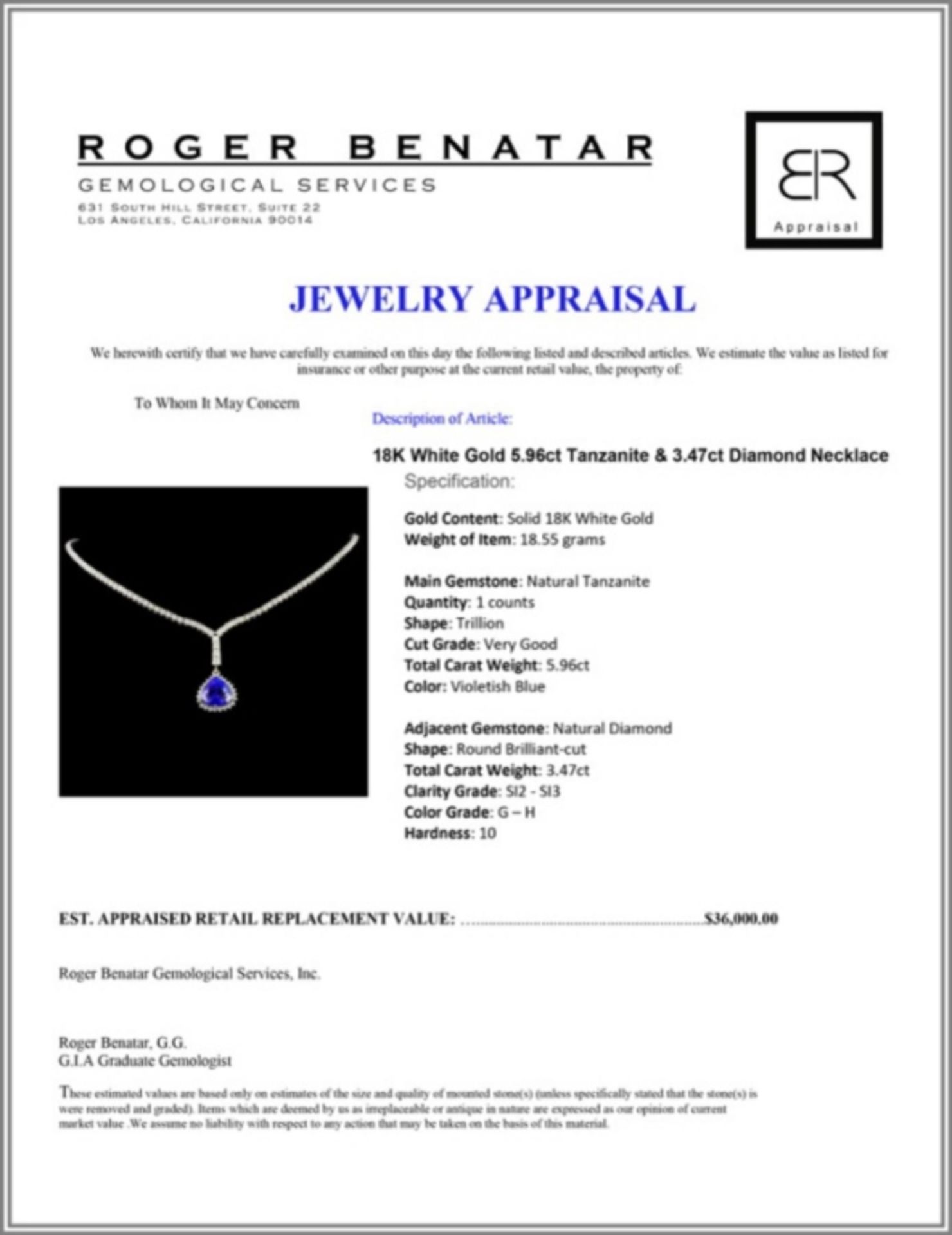 18K White Gold 5.96ct Tanzanite & 3.47ct Diamond N - Image 3 of 3