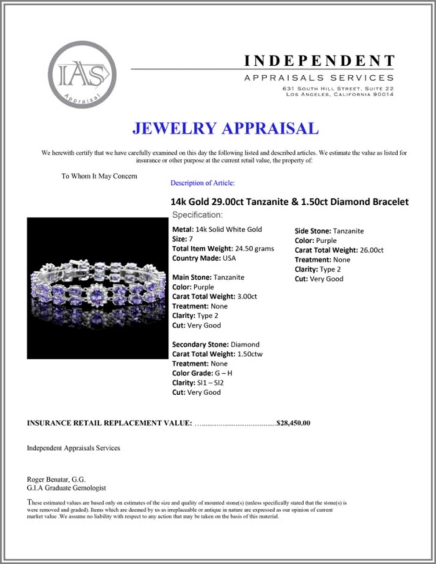 `14k Gold 29.00ct Tanzanite & 1.50ct Diamond Brace - Image 4 of 4