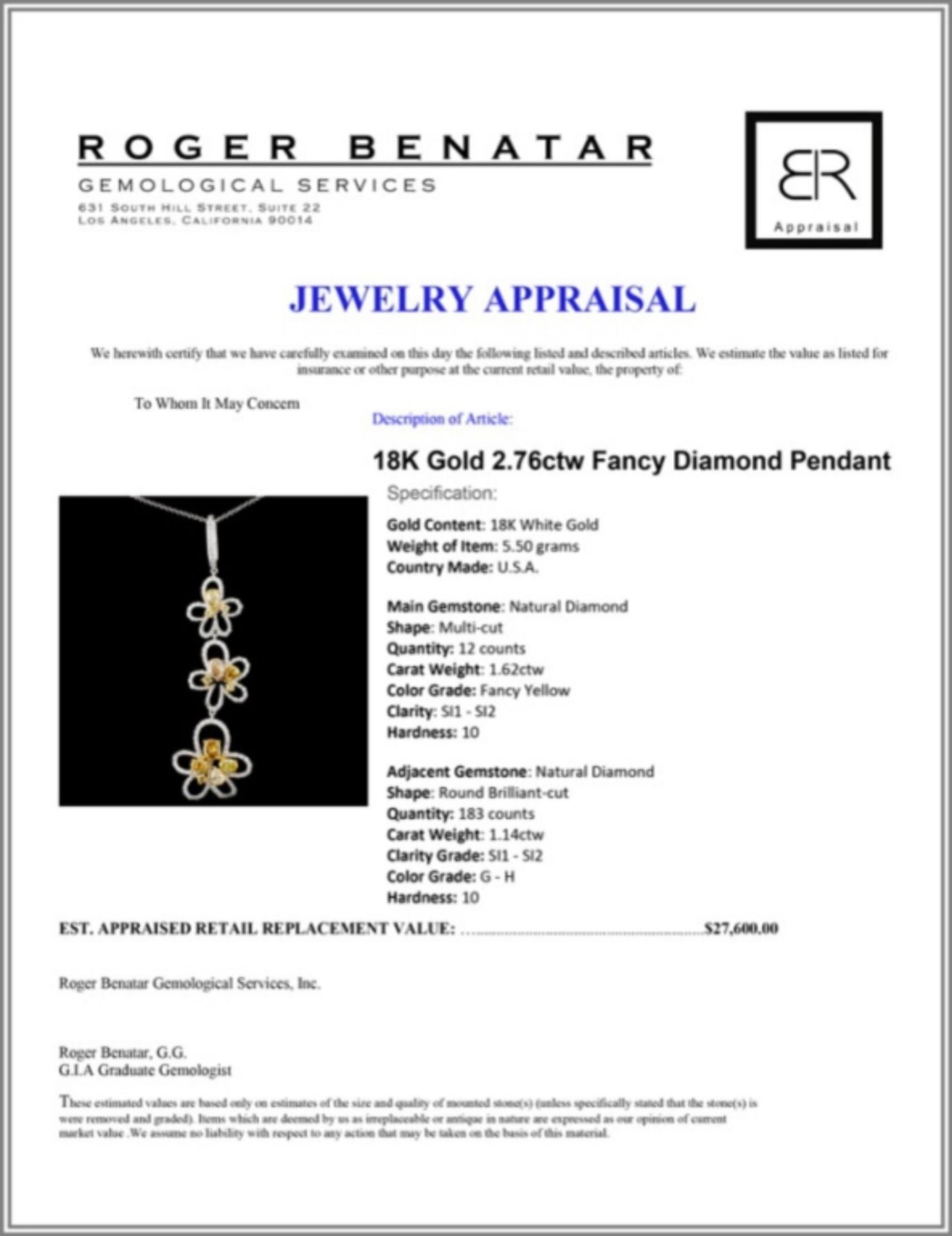 18K Gold 2.76ctw Fancy Diamond Pendant - Image 3 of 3