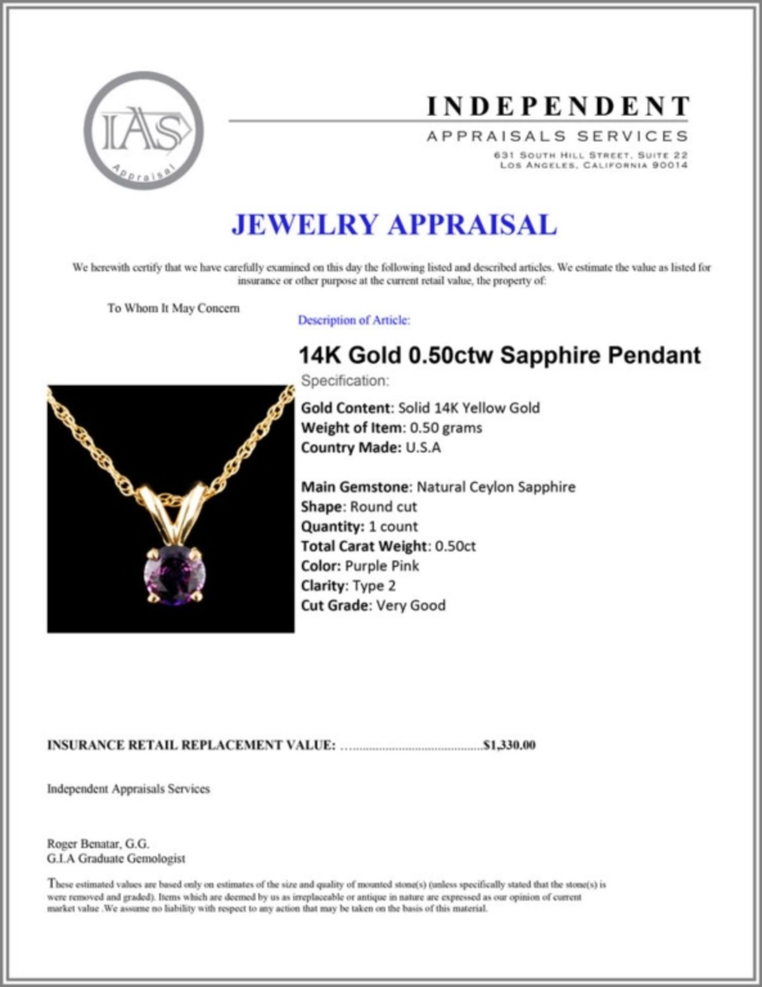 14K Gold 0.50ctw Sapphire Pendant - Image 4 of 4